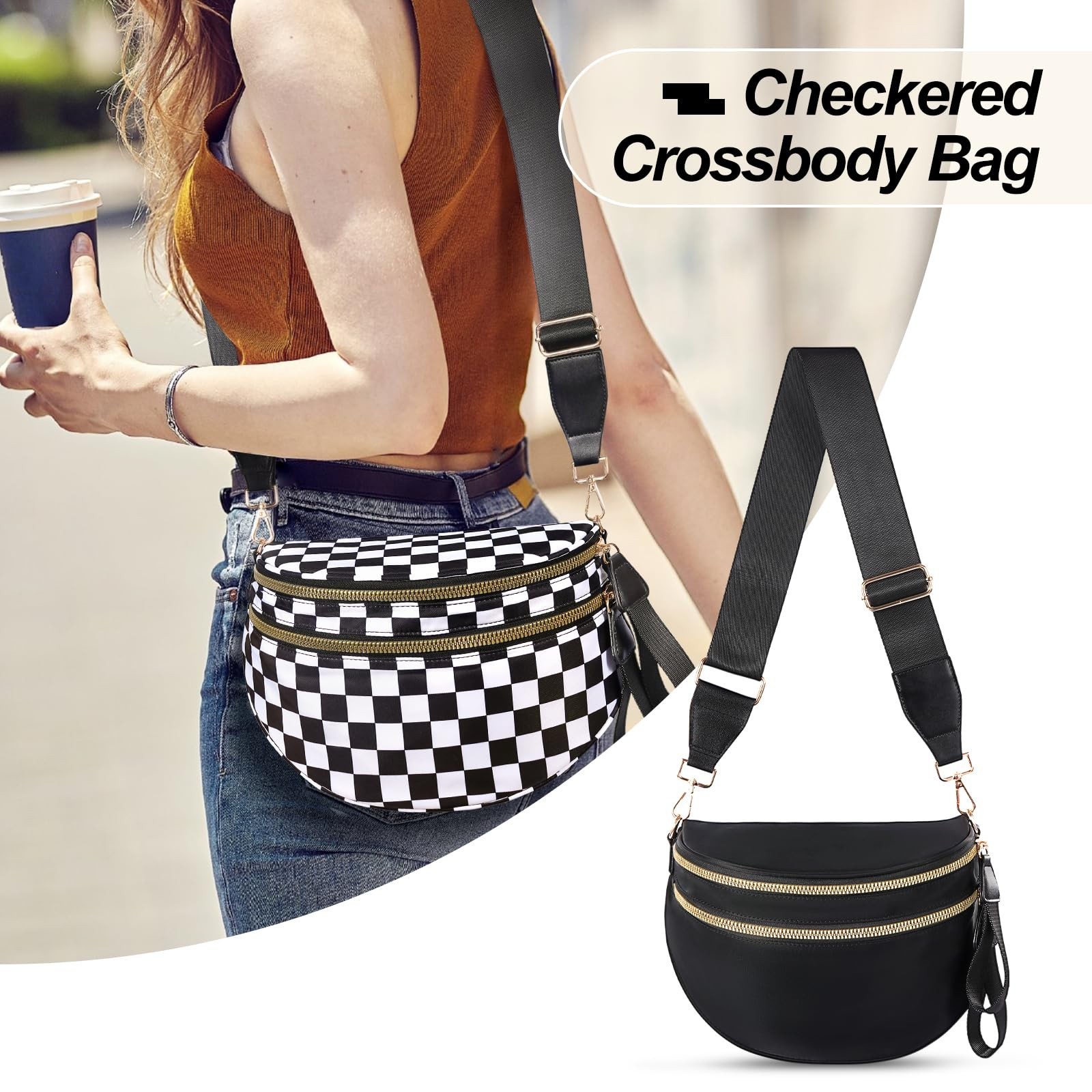 Checkered Crossbody Bag,Nylon Bum Bags for Women Crossbody,Spacious Sling Bag…