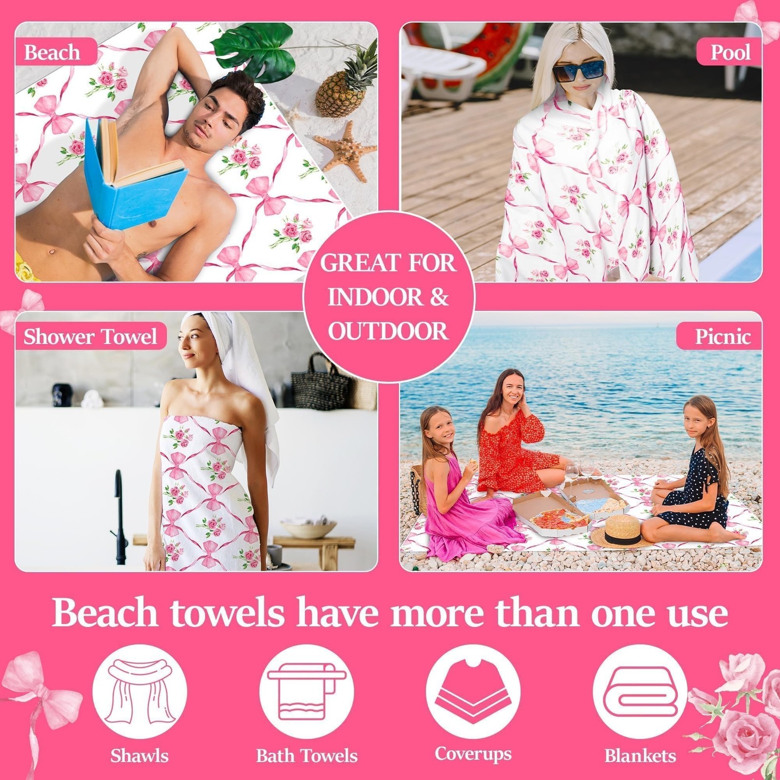 Pink Bow Oversized Beach Towel – Flower Double-sided Thin Microfiber Lightwei…