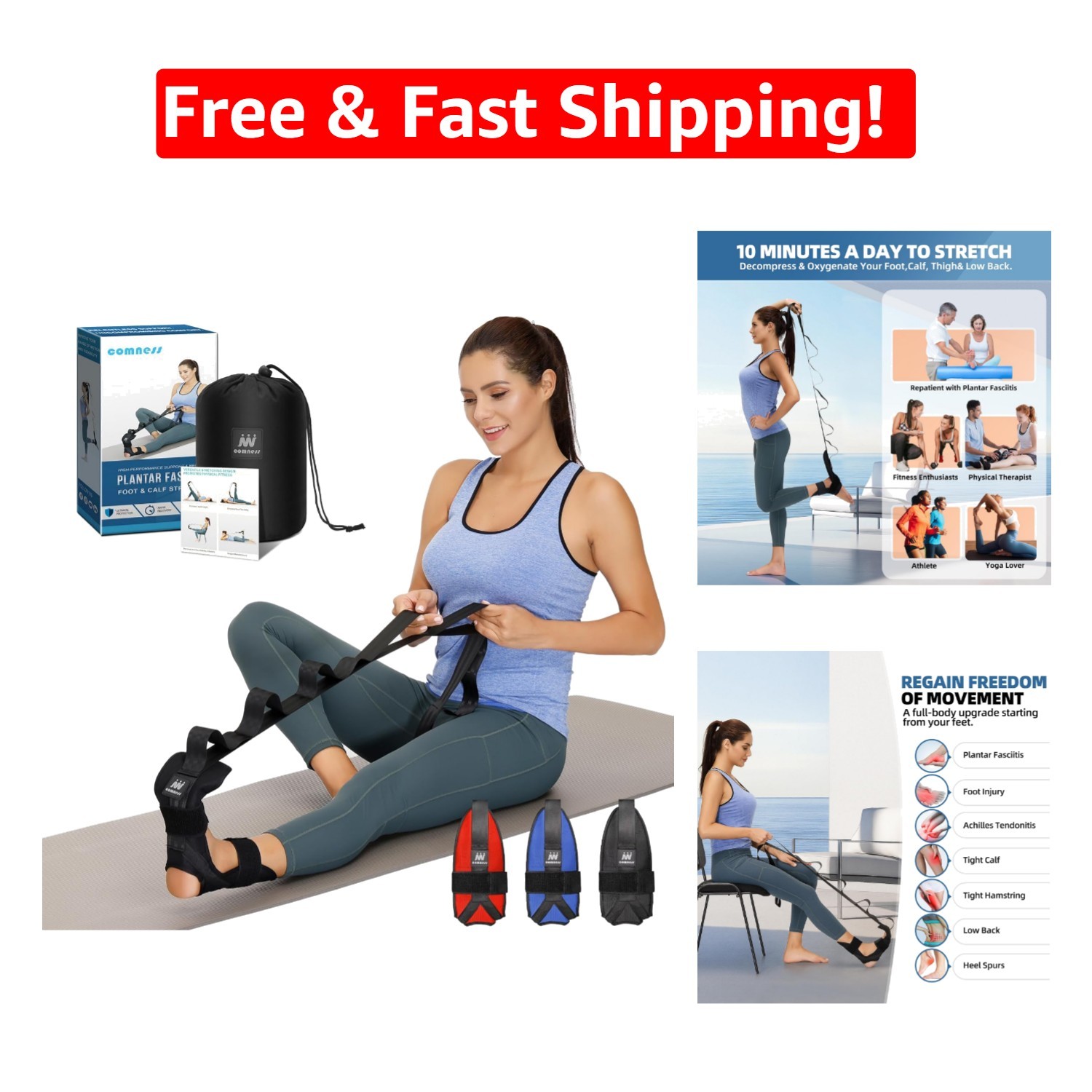 Portable Yoga Stretching Strap for Foot Pain Relief, Ergonomic Design in Black