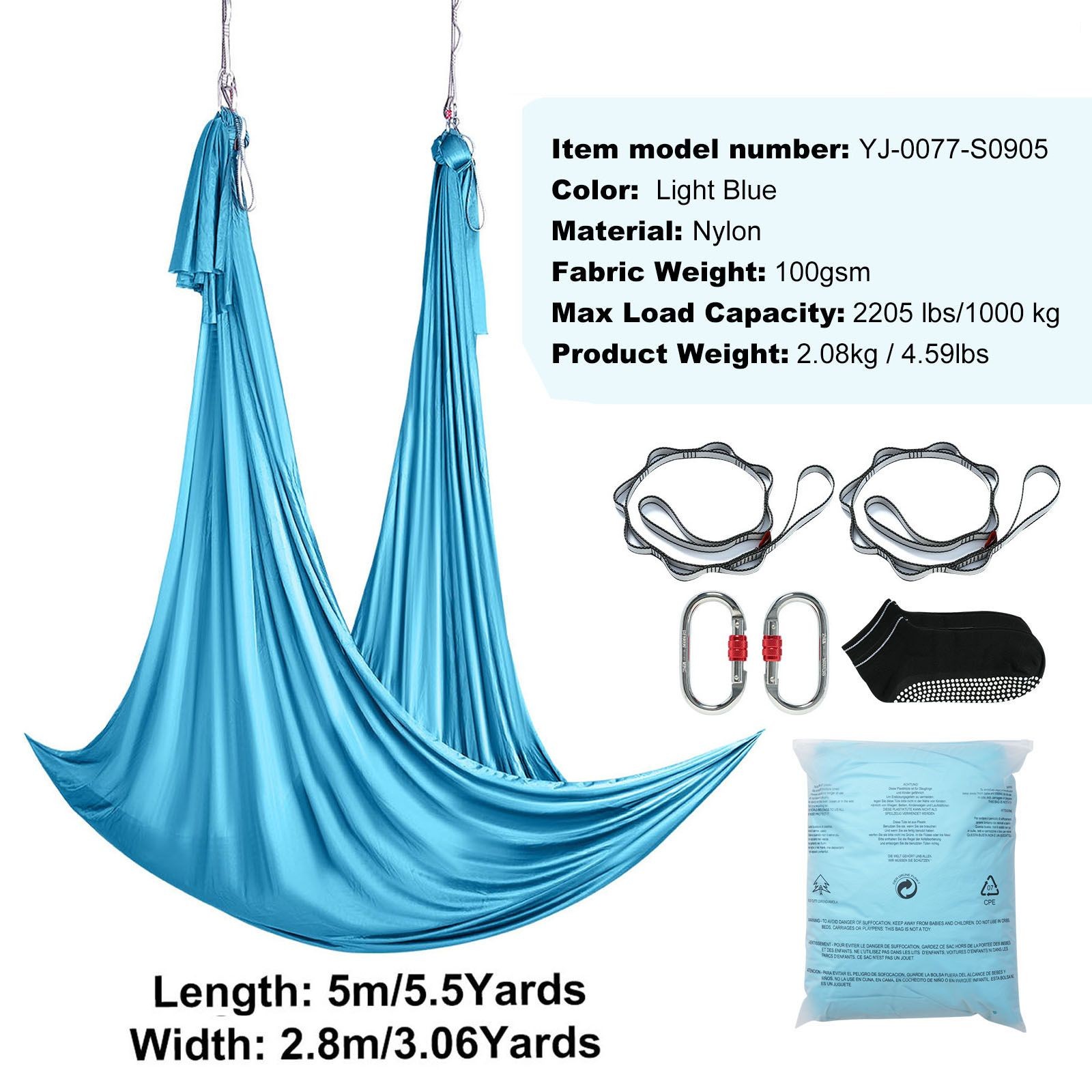 Aerial Yoga Hammock & Swing, 5.5 Yards, Aerial Yoga Starter Kit with 100gsm