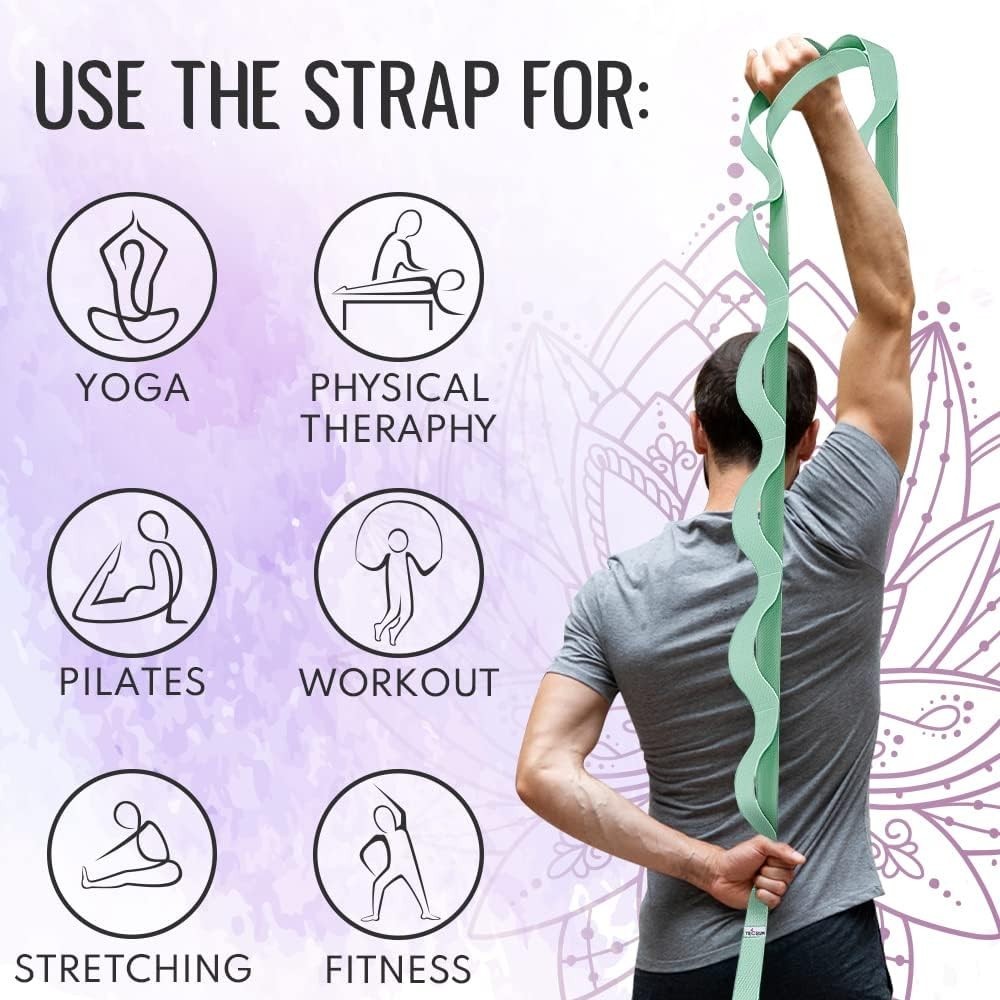 Yoga Stretching Strap 10 Loops Non-Elastic Leg Physical Therapy Rehab Green