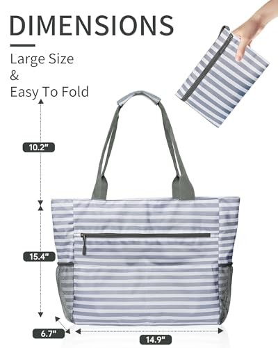 Beach Bag-Waterproof Sandproof Beach Totes with zipper Large Grey Stripe