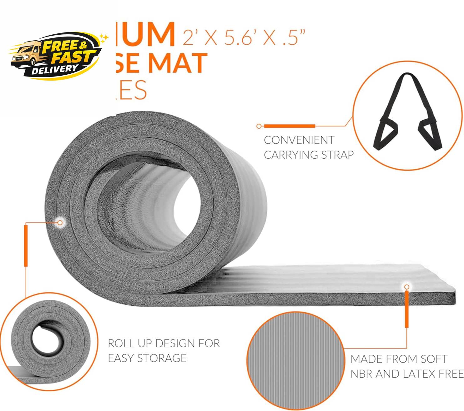 1/2-Inch High Density Exercise Yoga Mat with Strap | Multiple Options