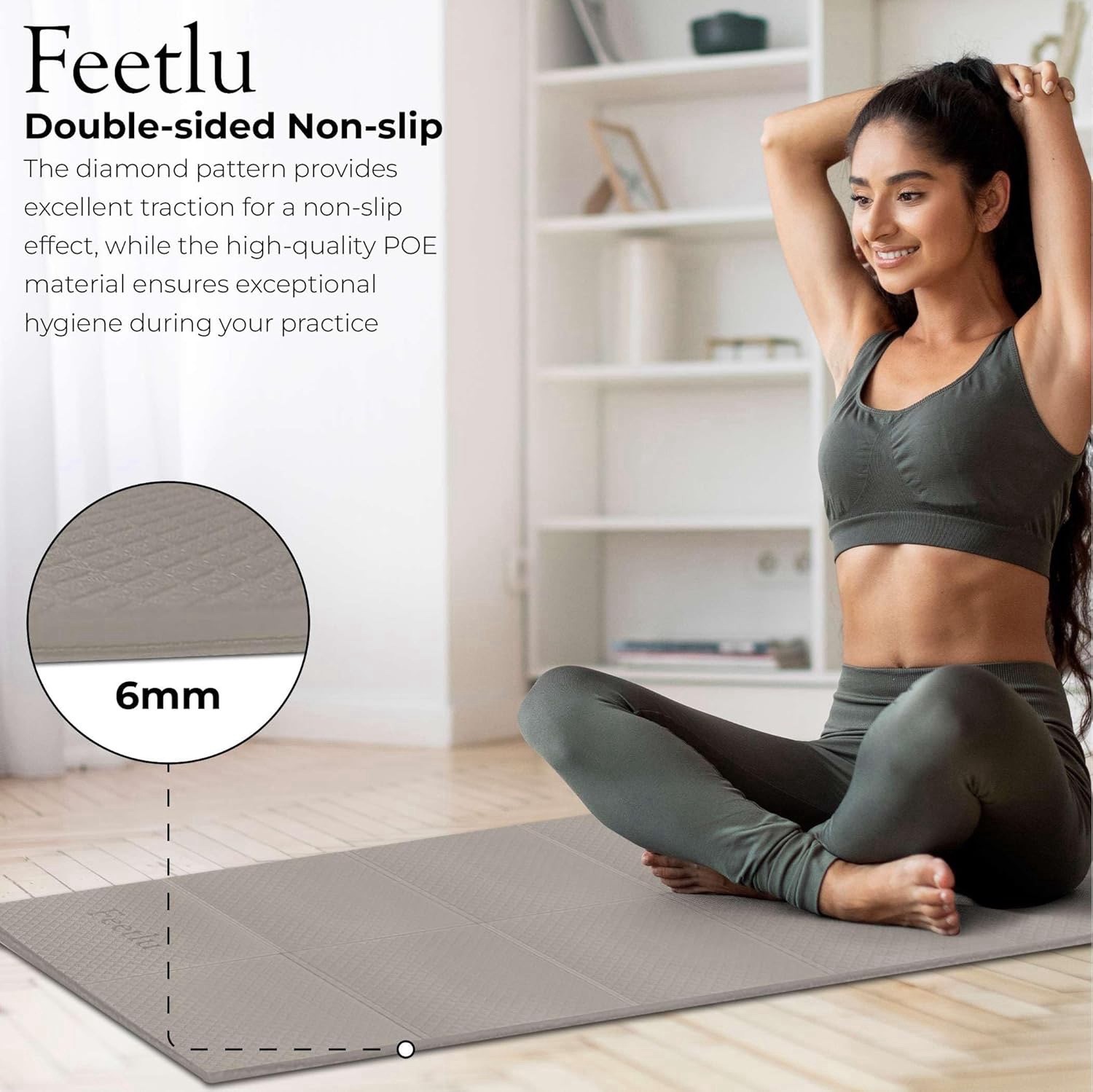 Foldable Yoga Mat, 6mm, Non-Slip, Lightweight, 72”x24”, Travel Mat, Gray