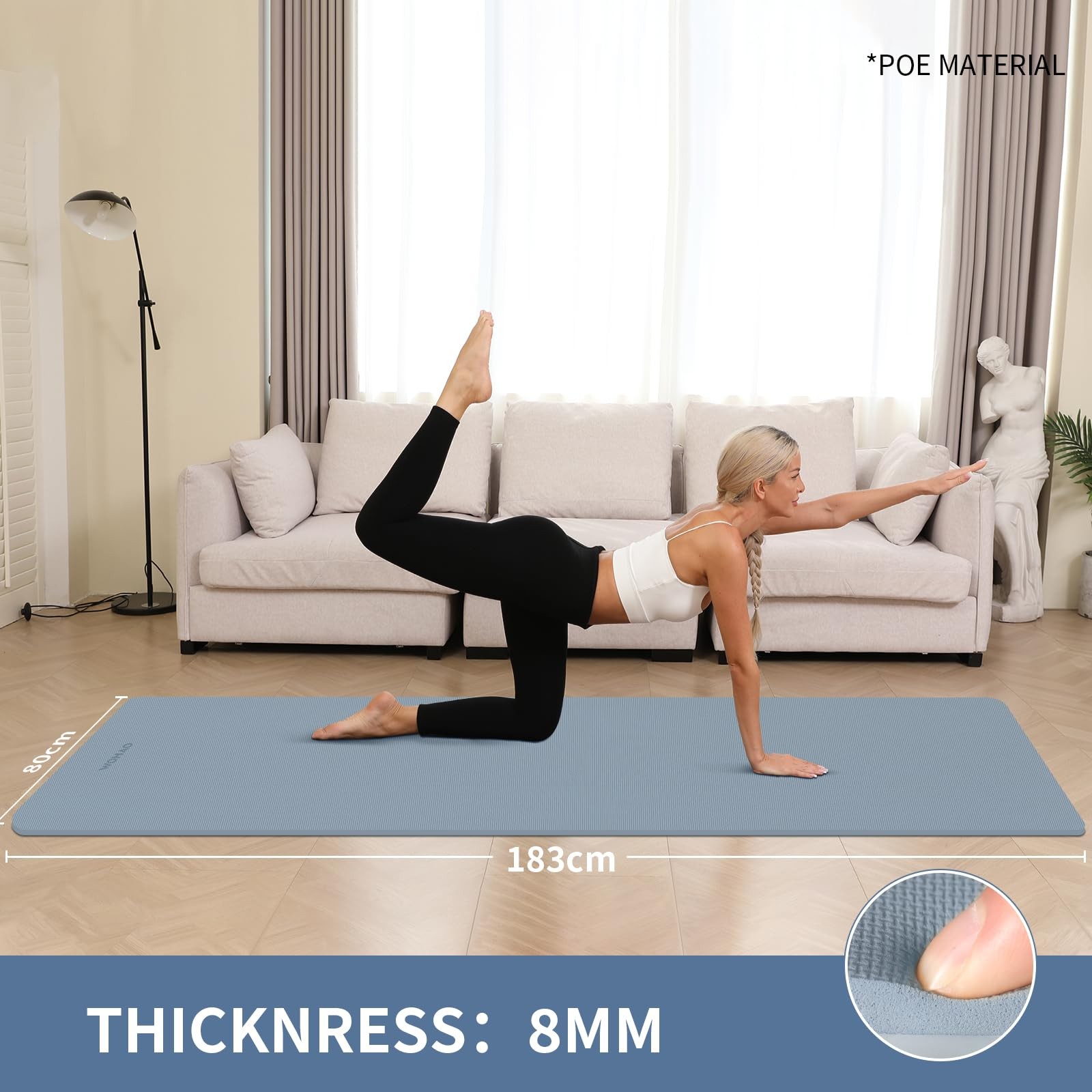 WOHAO 8mm Thick Non-Slip Yoga Mat – Large 72 inches x 32 inches, Haze Blue