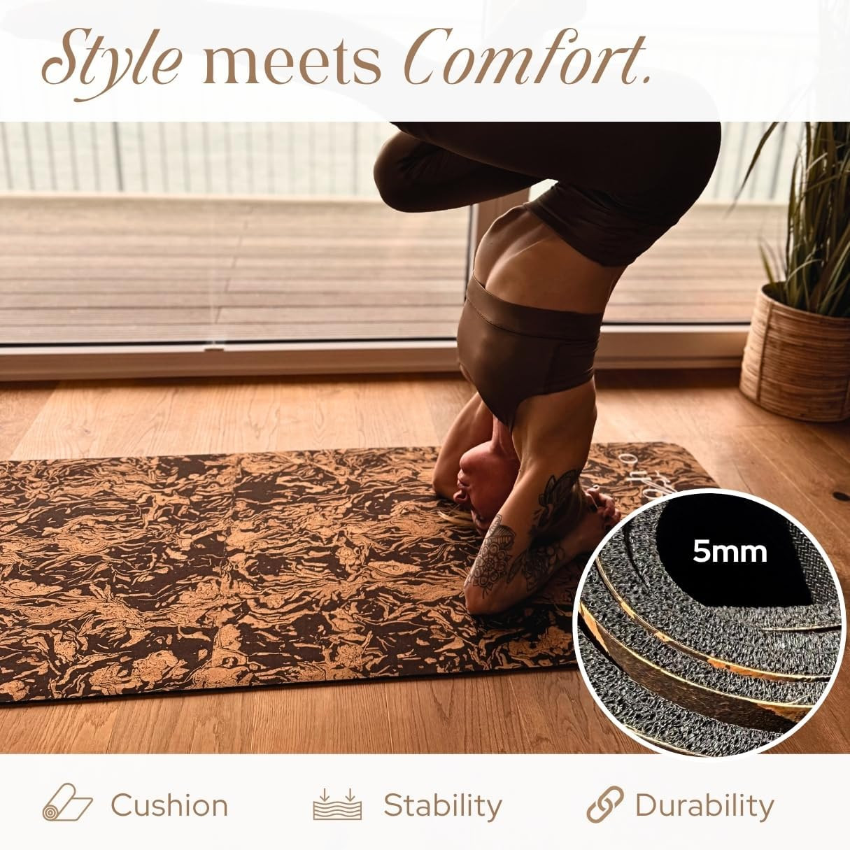 Premium Eco-Friendly Cork Yoga Mat with Handmade Boho Bag – Gold or Coffee