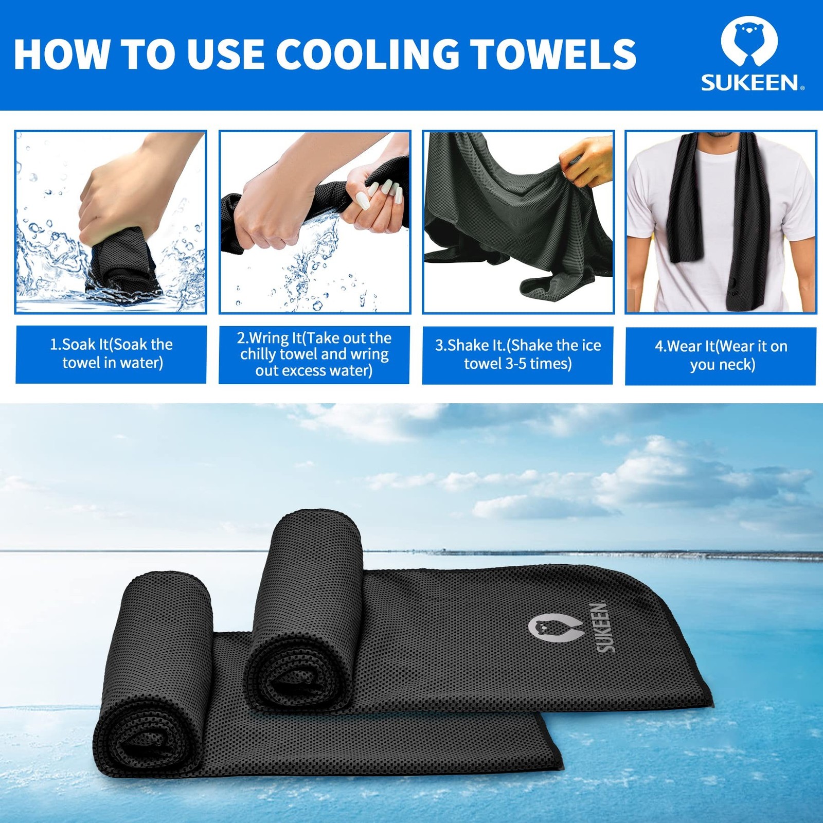 Sukeen [4 Pack Cooling Towel (40&Prime;x12&Prime;), Soft Breathable Chilly Microfiber Tow…