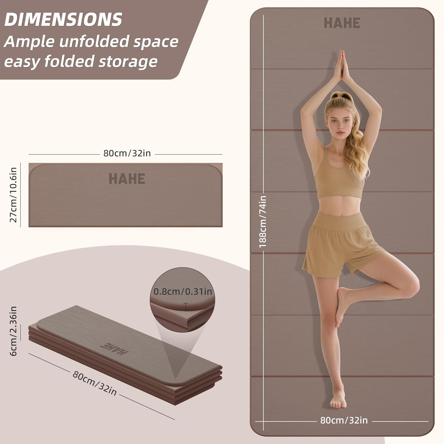 Foldable Yoga Mat,74&Prime;Lx32&Prime;Wx1/3&Prime;Thick,Folding Exercise Mat,Non-Slip Wide Pilates