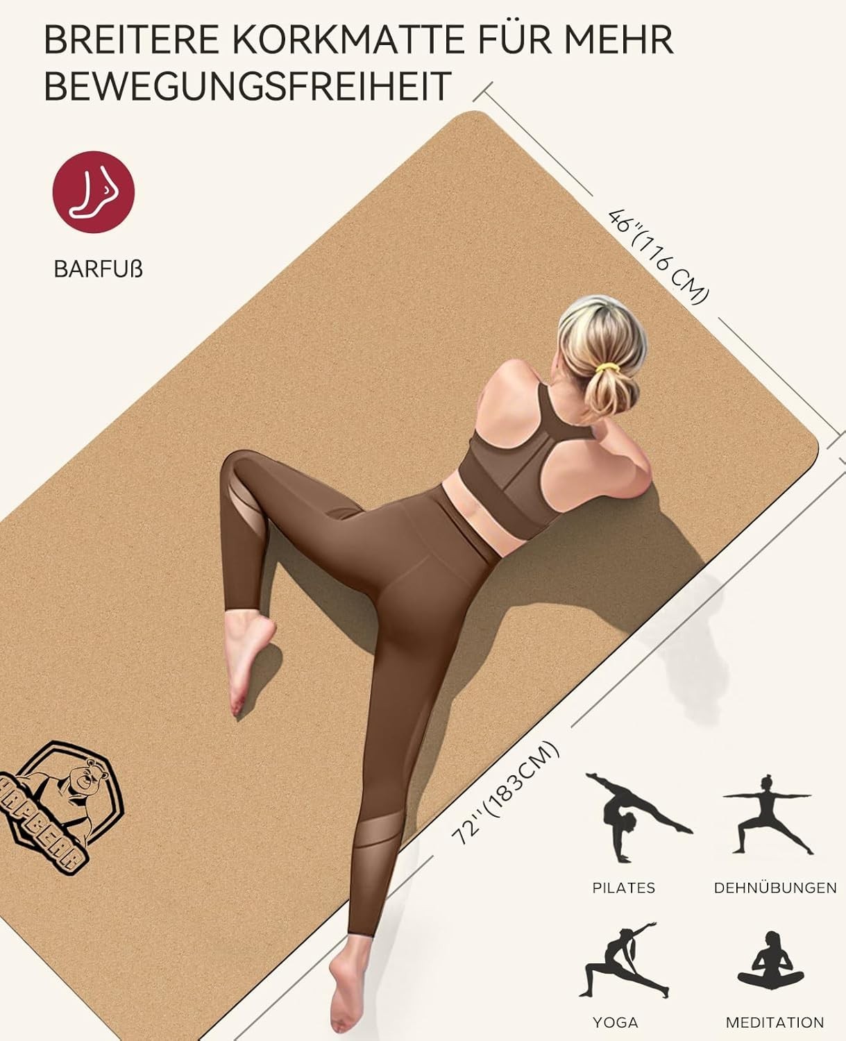 Yoga Mat Cork XXL – Extra Large Yoga Mat Non Slip 183x116cm / 183x92cm -…