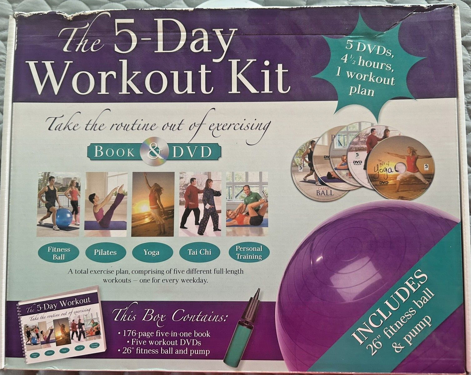 The 5 Day Workout Kit 5 DVDs Book Fitness Ball Yoga Pilates Tai Chi Cardio Ball