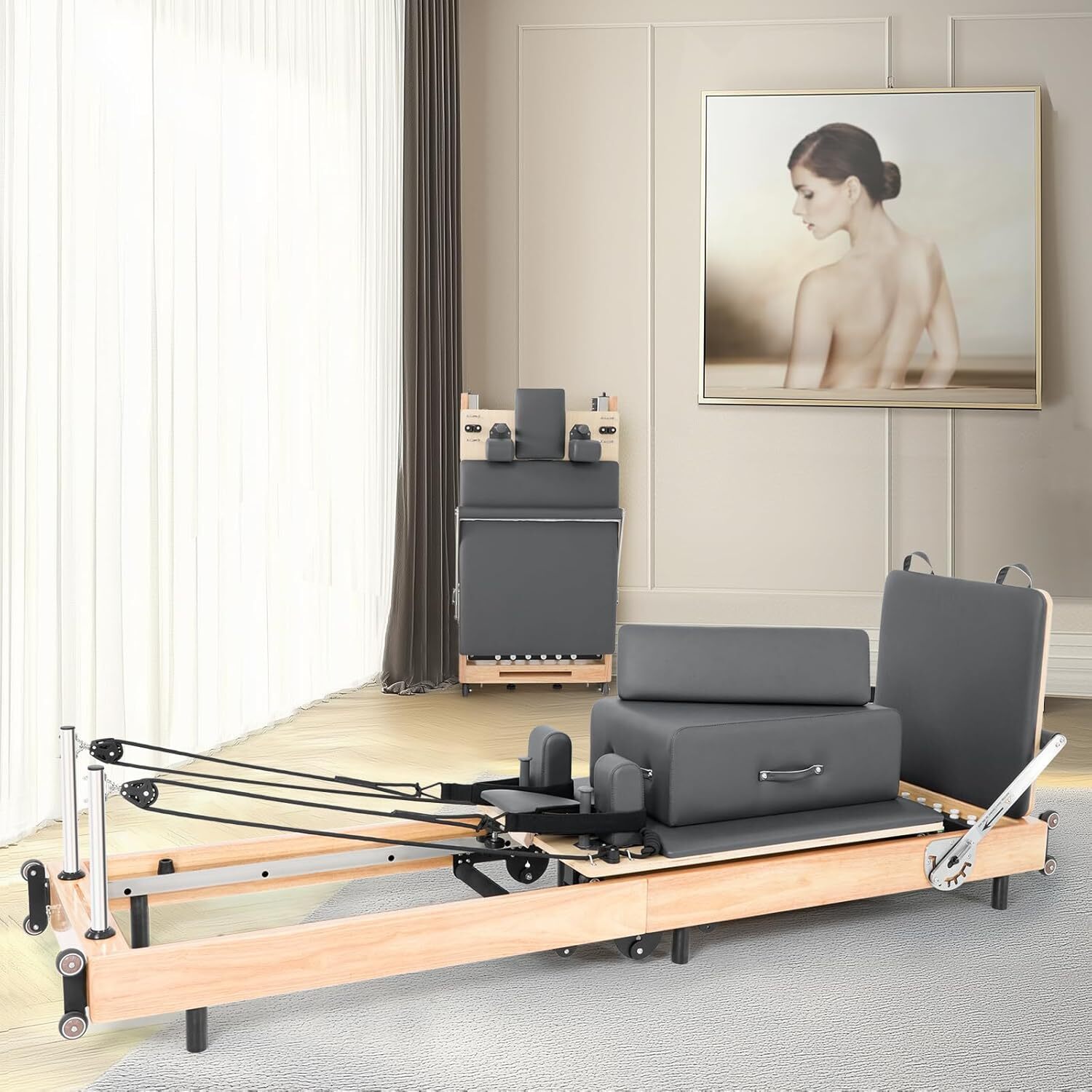 H&ZT Foldable Pilates Reformer Machine With Reformer Box Jump Board Foot Strap