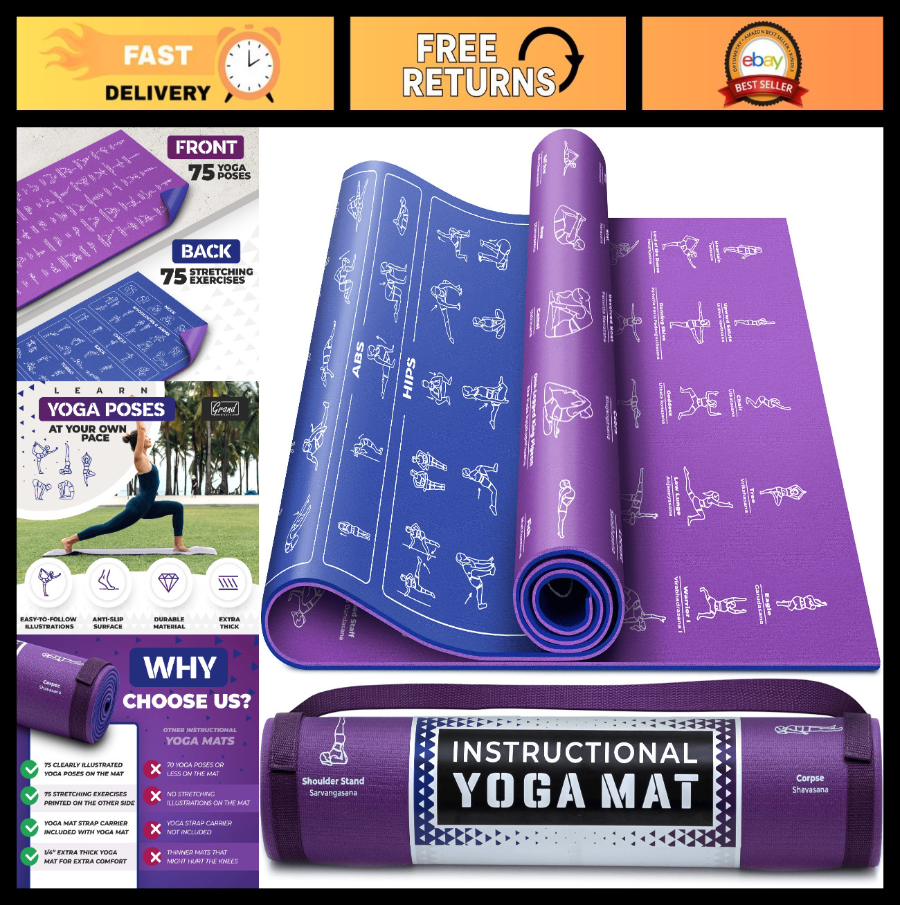 Illustrated Yoga Mat with Strap – 75 Poses & Stretching Exercises, Non-Slip, 1/4