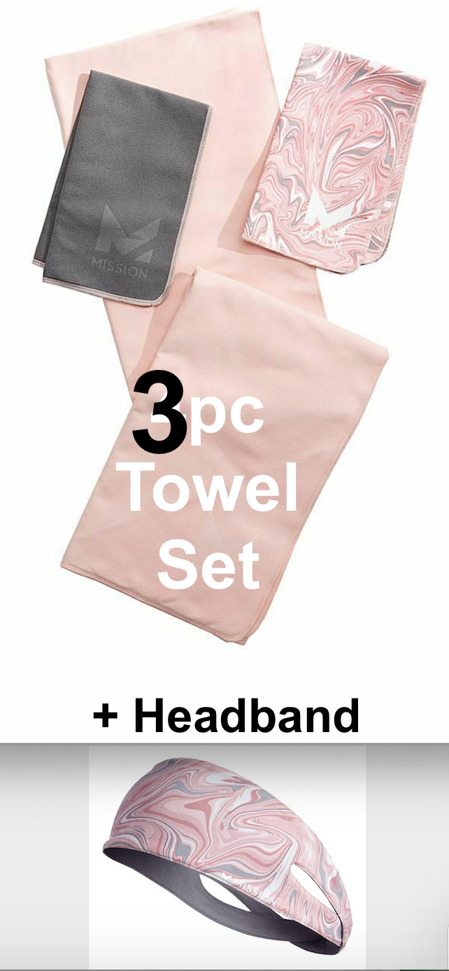 Mission VaporActive Yoga Towels + Headband 4PC SET Hand Mat Quartz Pink Charcoal
