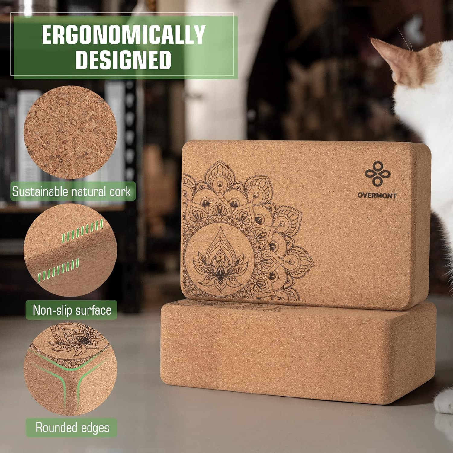 Cork Yoga Blocks 2 Pack with 8Ft Strap Natural Cork Bricks- High Density & Eco F