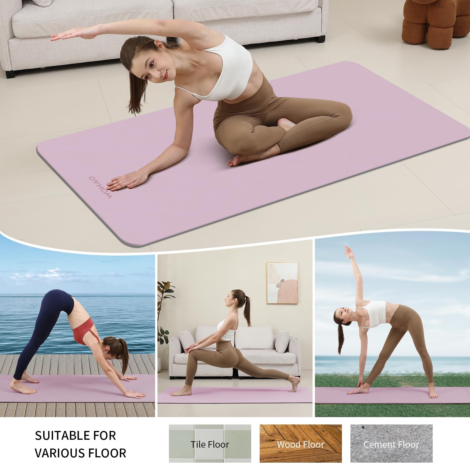 WOHAO Extra Thick 8mm Yoga Mat, 72&Prime;x28&Prime; Non 183*70*0.8cm, Taro Purple+Gray