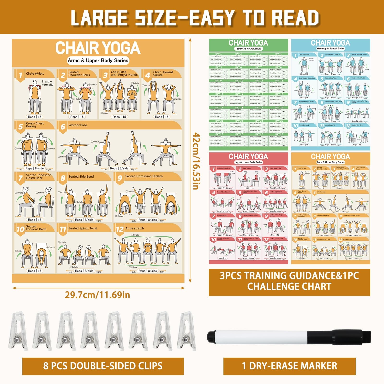 Chair Yoga Poster Set for Seniors & Beginners-3 11.8X16.5inch, colorful