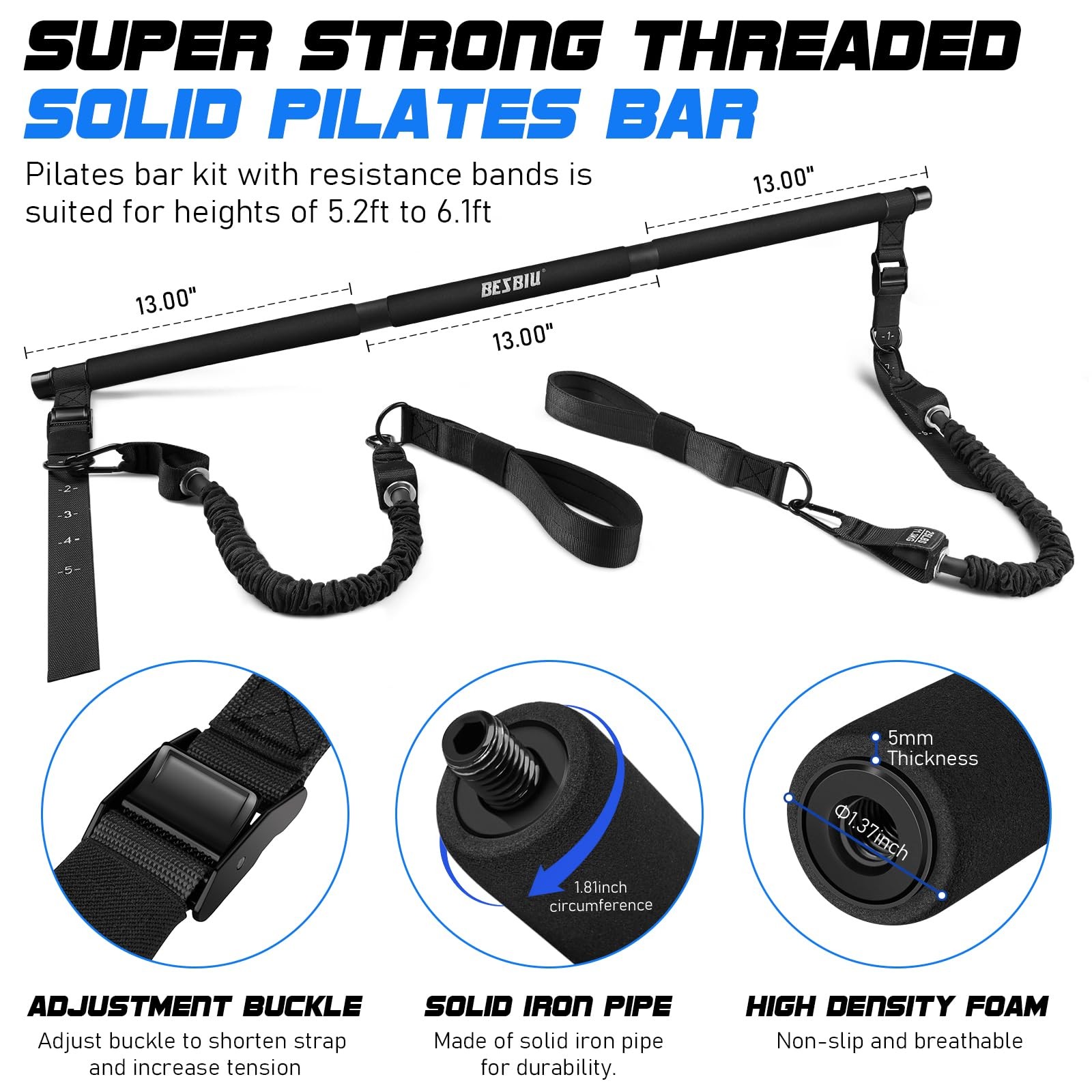 Pilates Bar Kit with Resistance Bands – 210lbs Max Heavy Resistance, Full Body