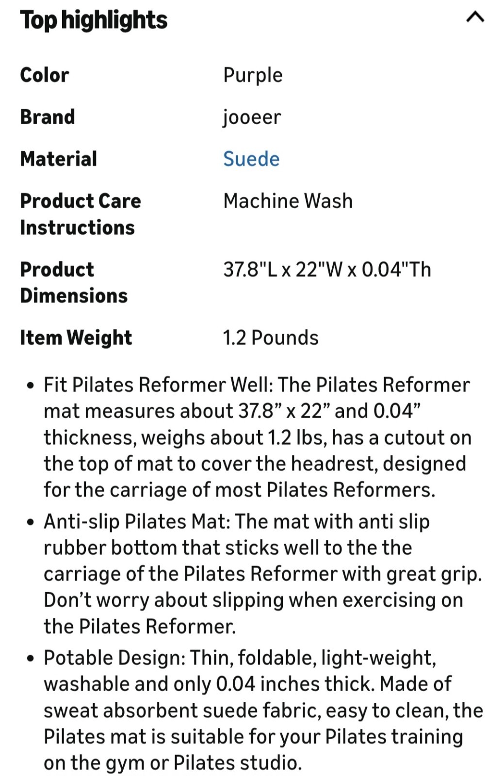 Jooeer Pilates Reformer Machine Pad-Non-slip-Lightweight-Purple-NEW OUT OF ORPKG