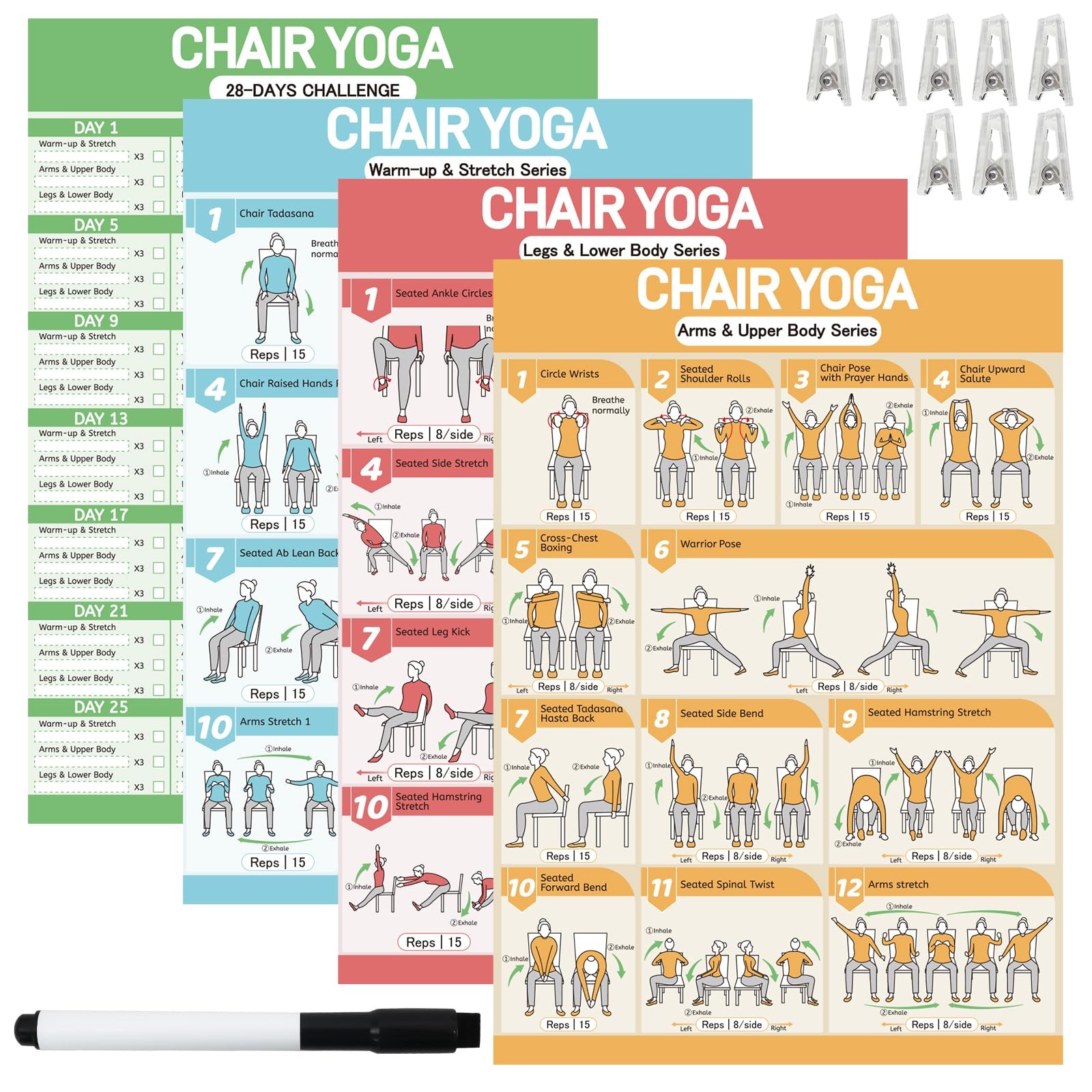 Chair Yoga Poster Set for Seniors & Beginners-3 11.8X16.5inch, colorful