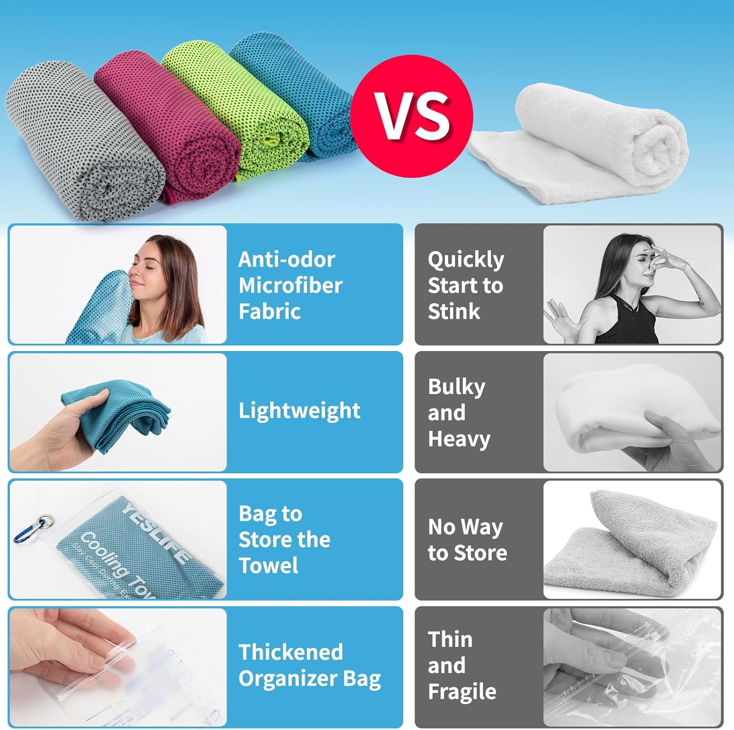 YESLIFE 4 Pack Cooling Towel 40&Prime;x12&Prime;, Gym Towels for Blue, Grey, Green, Pink