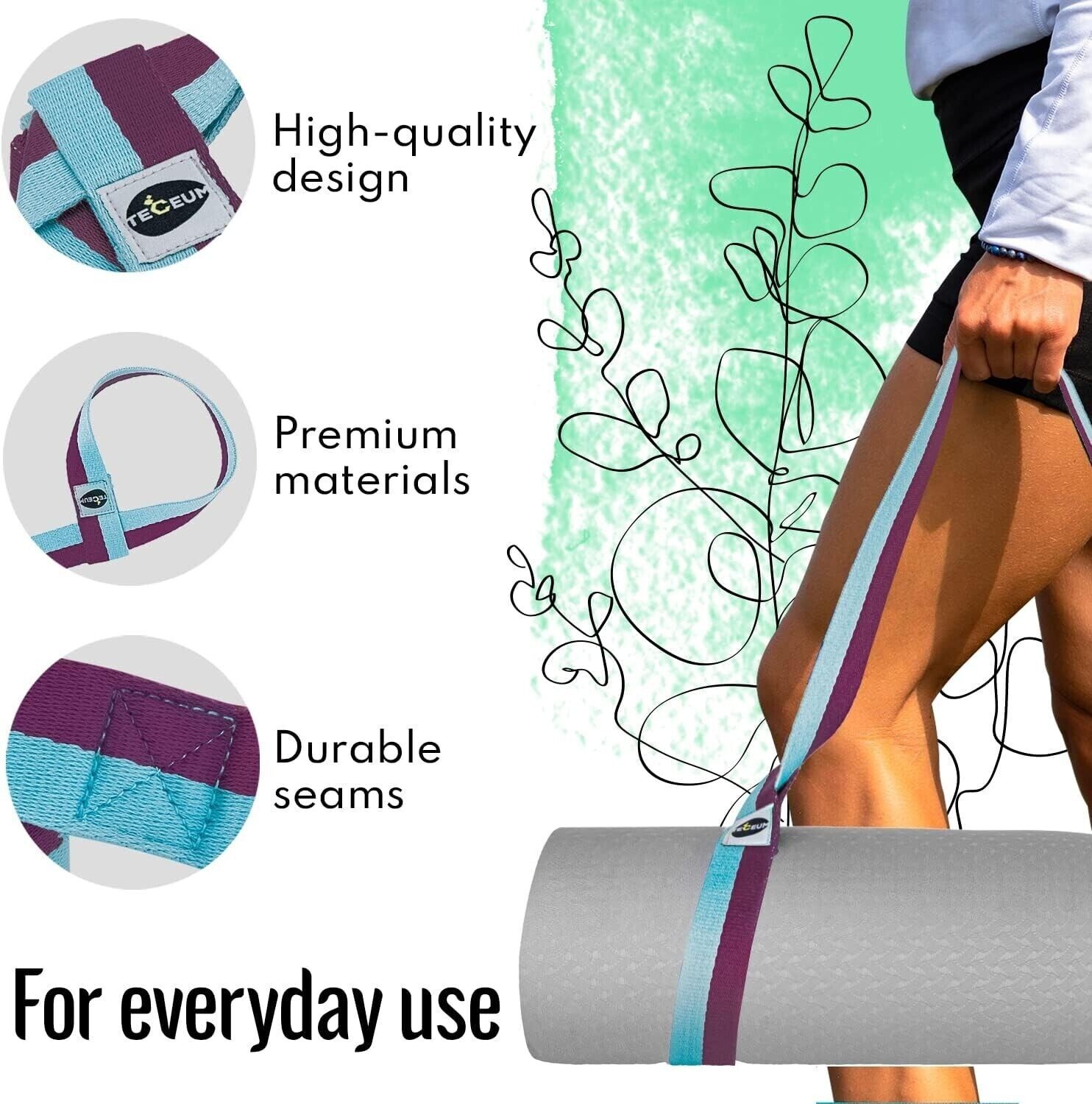 TECEUM Yoga Mat Strap – Adjustable Mat Holder Sling – 64 IN, Mixed Blueberry