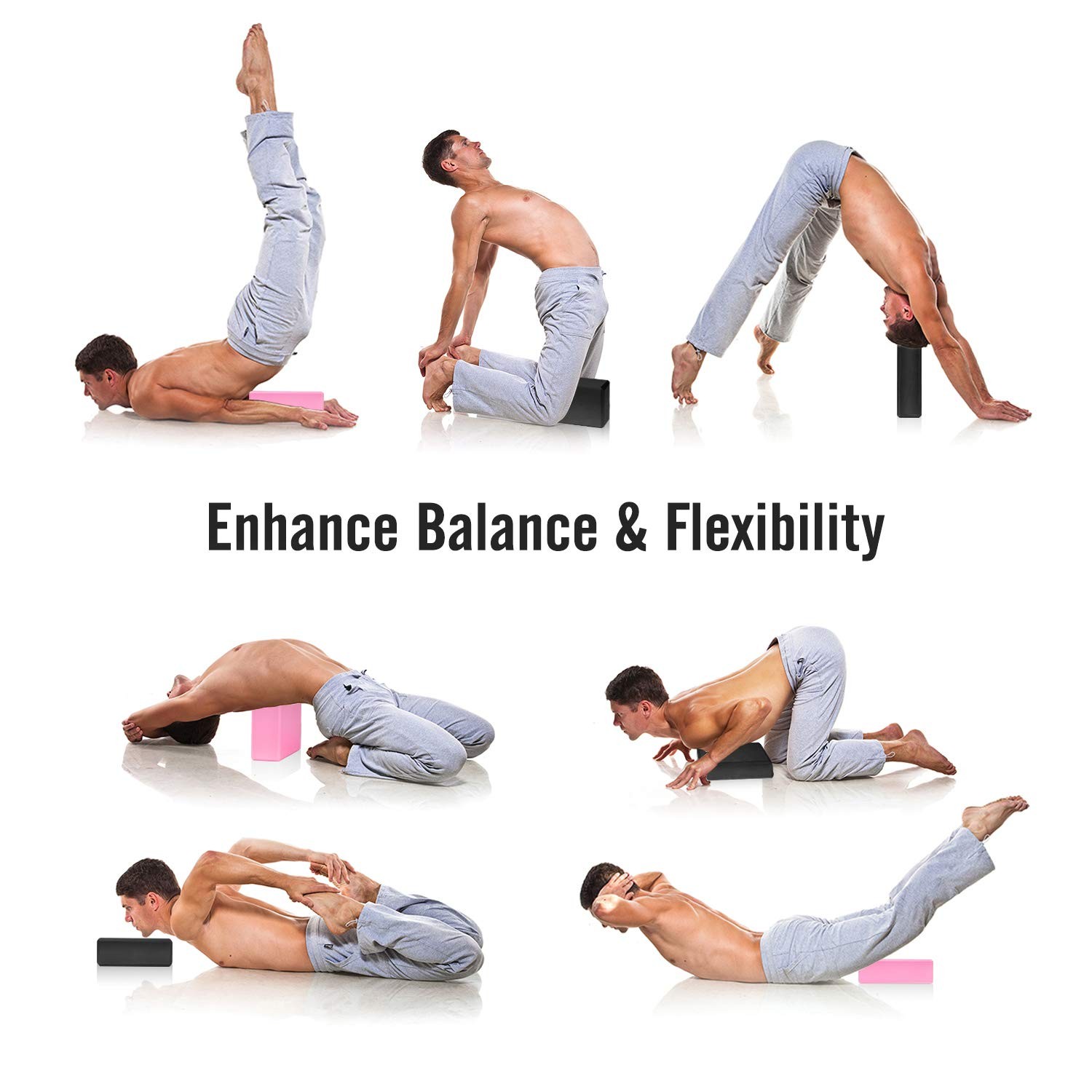 MoKo Thin Yoga Blocks 2 pack, 9&Prime; x 6&Prime; x 3&Prime; High Density EVA Foam Black