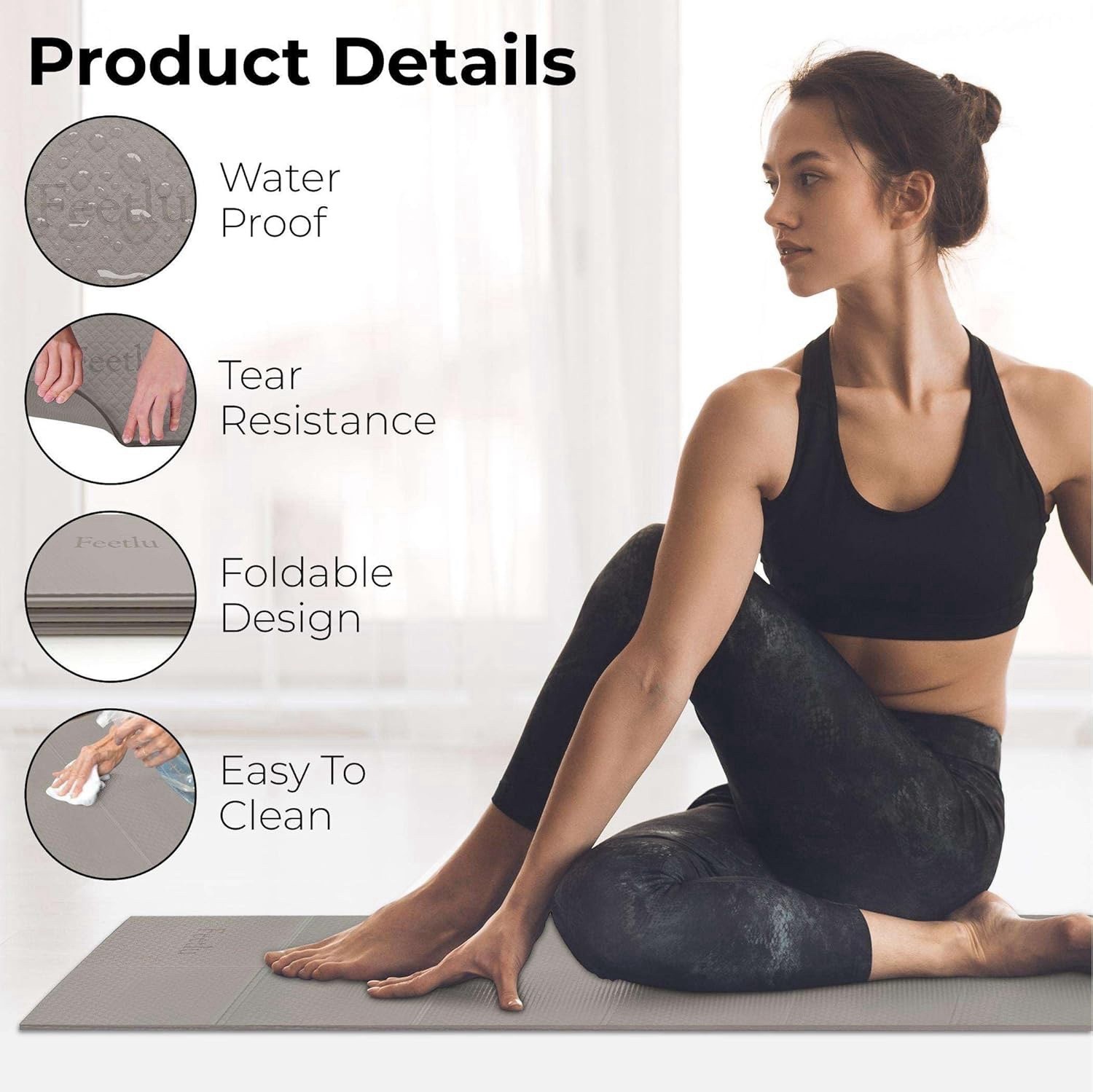 Foldable Yoga Mat, 6mm, Non-Slip, Lightweight, 72”x24”, Travel Mat, Gray