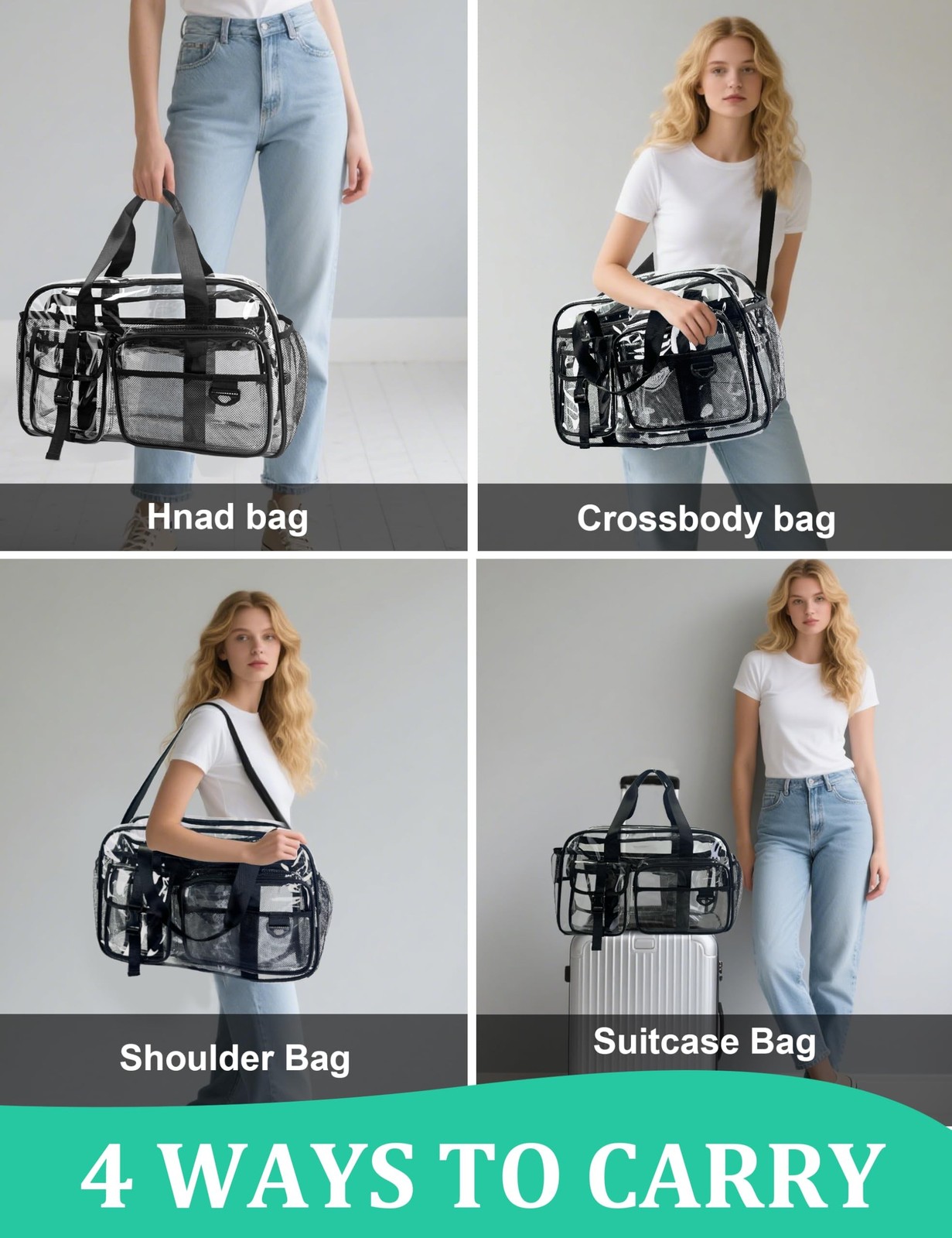 Large Clear Tote Bag 20” for Duffle with 10 Pockets, Clear Gym Crossbody B