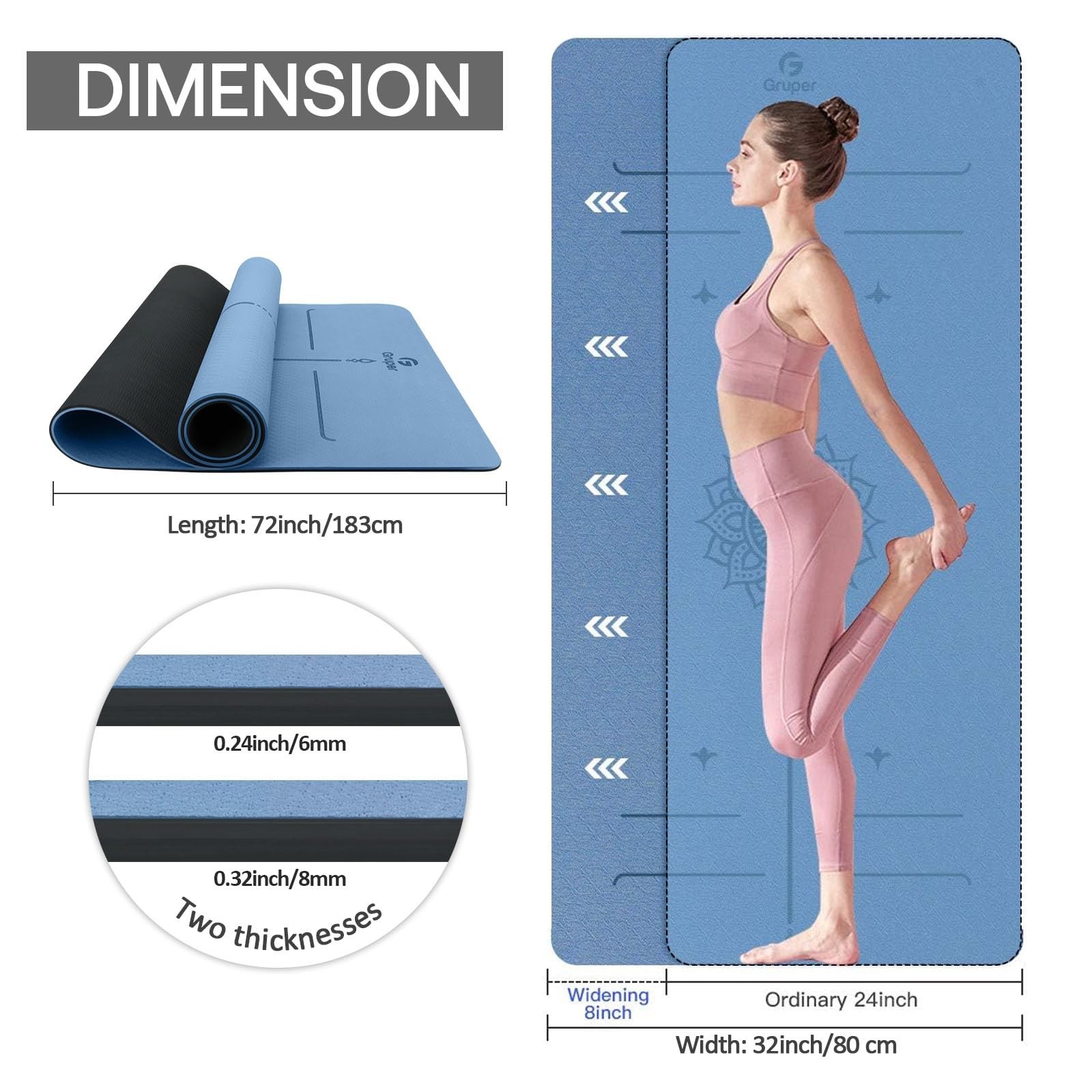 Gruper Yoga Mat Non Slip TPE Extra Wide Yoga Mat with Alignment Mark, 72&Prime;L x …