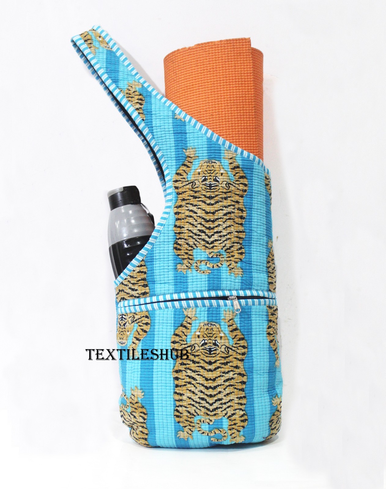 Handmade Quilted Cotton Yoga Mat Bag Tiger Print Sling Carrier Shoulder Bag