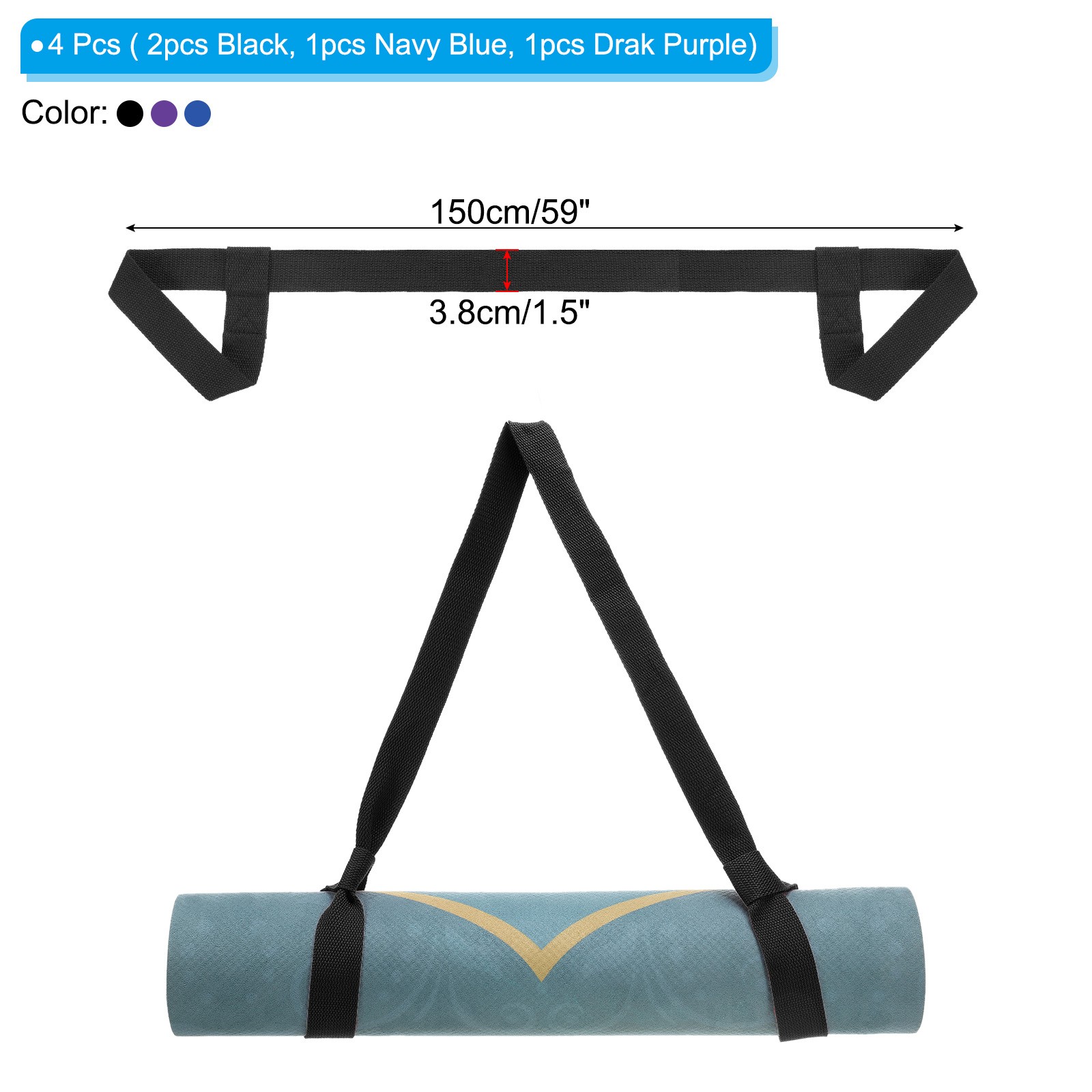 4Pcs Yoga Mat Strap Carrier Adjustable, Black/Navy Blue/Drak Purple