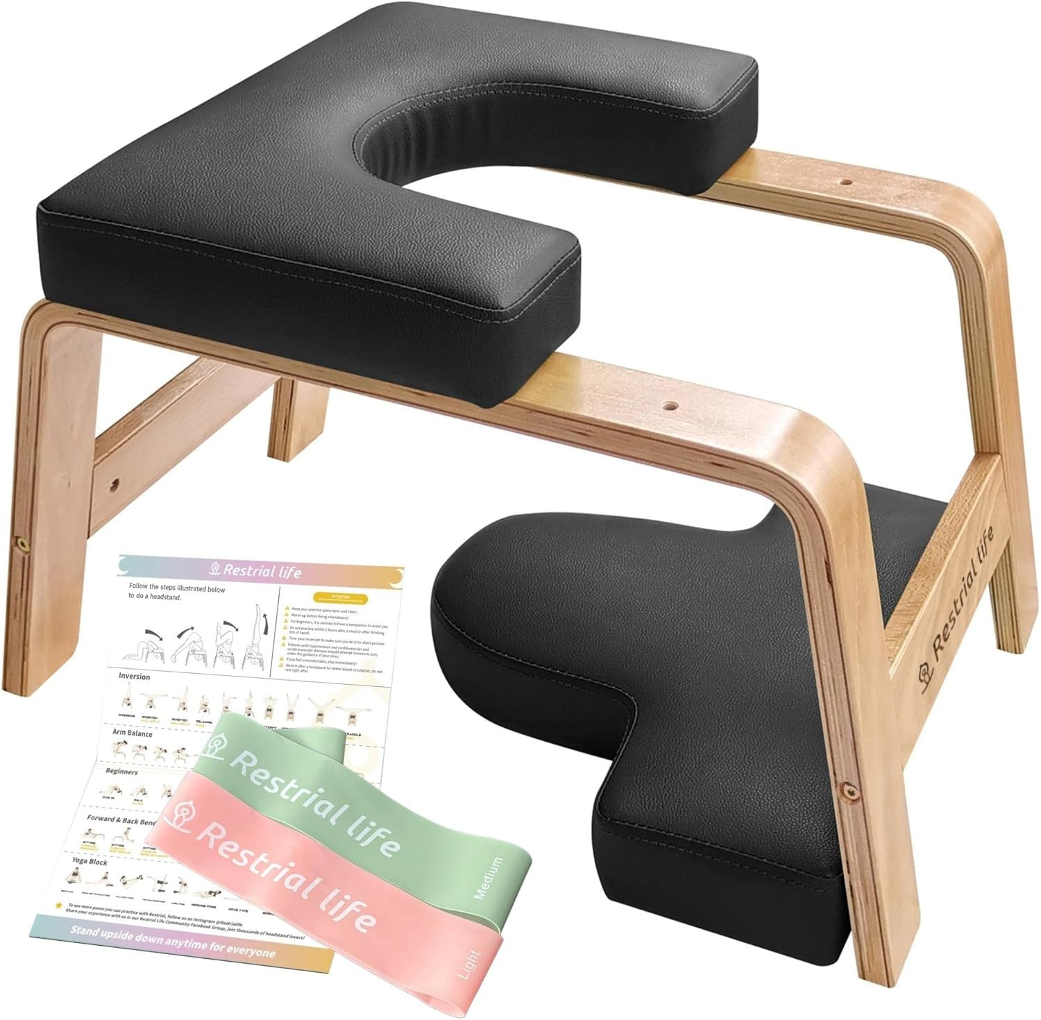 Yoga Headstand Bench- Stand Yoga Chair for Family, Gym – Wood and PU Pads – Reli