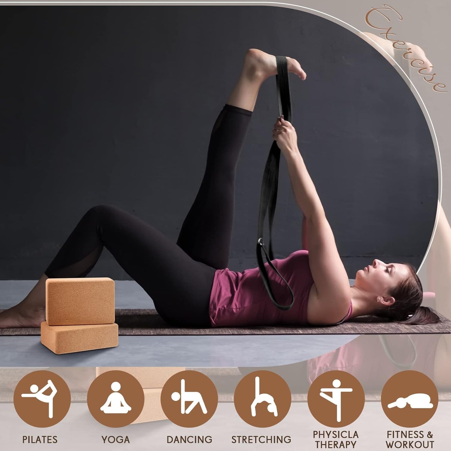 2 Pack Cork Yoga Block with Strap and 5 Pcs Resistance Bands Exercise Bands 9