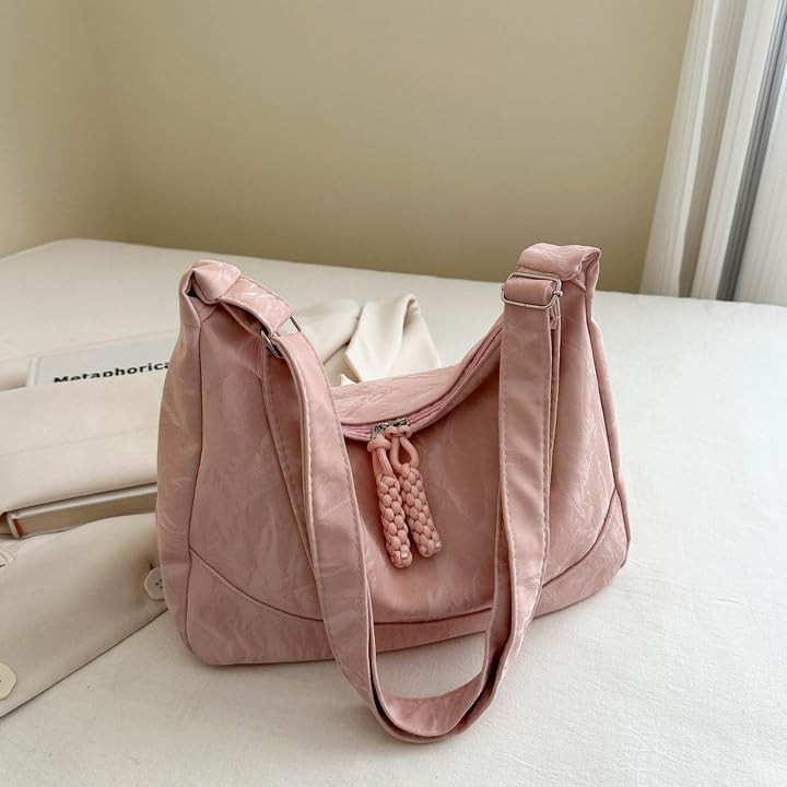 Shoulder Bag for Women,Ultra Soft Foldable Vegan Leather Crossbody B Pu-pink