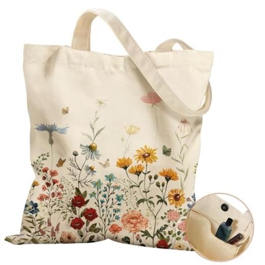 Aesthetic Tote Bag for Women- with Magnetic Buckle and Zipper Retro Flower