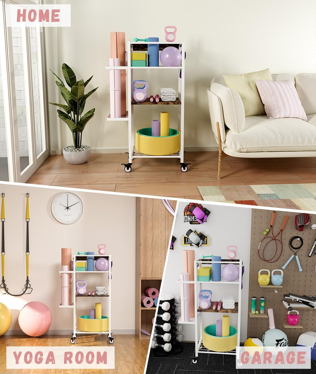 Yoga Mat Storage Rack with Wheels, 3 Tier Home Gym Workout Equipment Organizer f