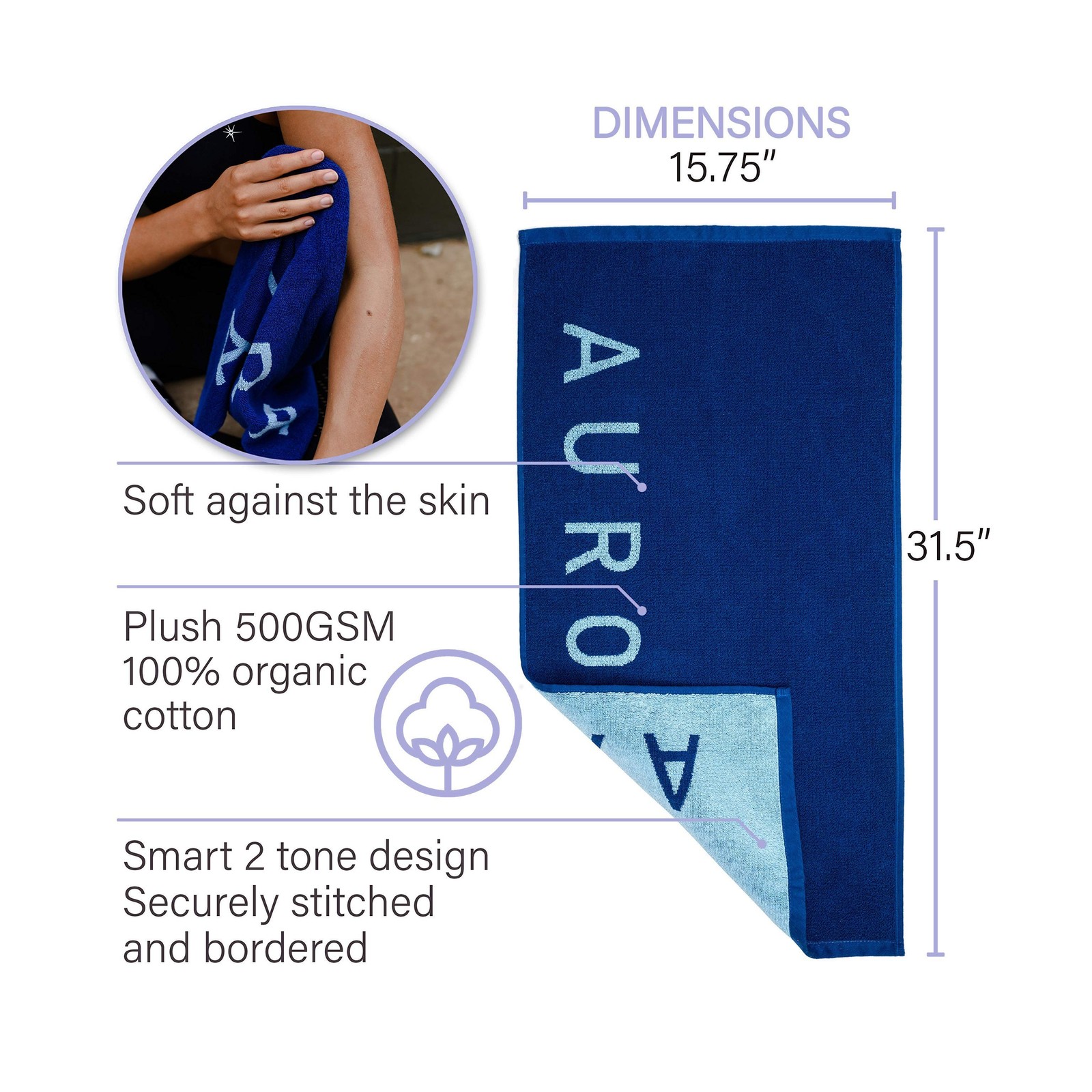Blue Organic Cotton Gym Towel for Men and Women – Silver Infused Sweat Towels…