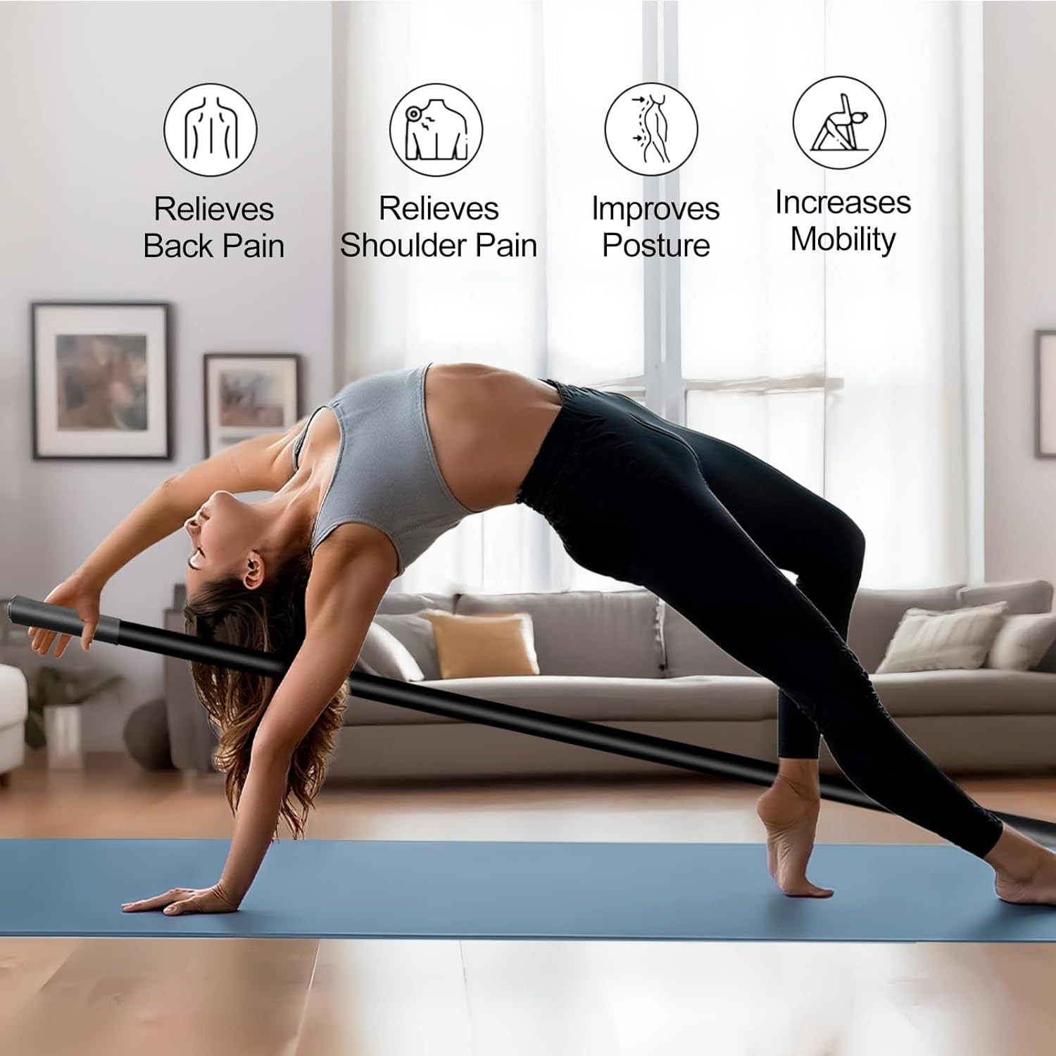 5Ft Heavy-Duty Steel Adjustable Yoga Stick with Resistance Bands