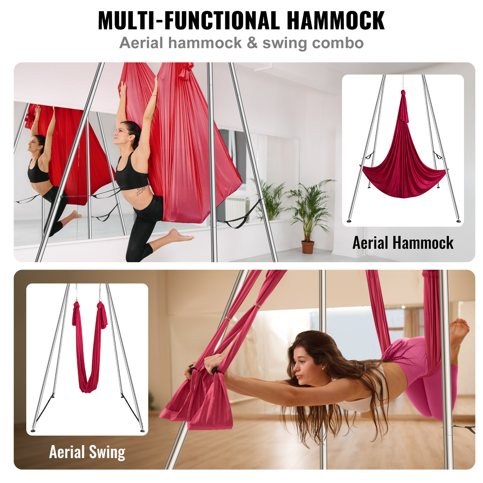 VEVOR Yoga Swing Stand Hammock Aerial Silk Kit 551.15 lbs Load Yoga Frame Red