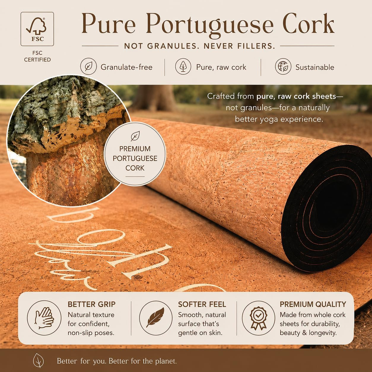 Deluxe Cork Yoga Mat – Gold, Coffee or Vegan Leather Cork Surface & Natural Rubb