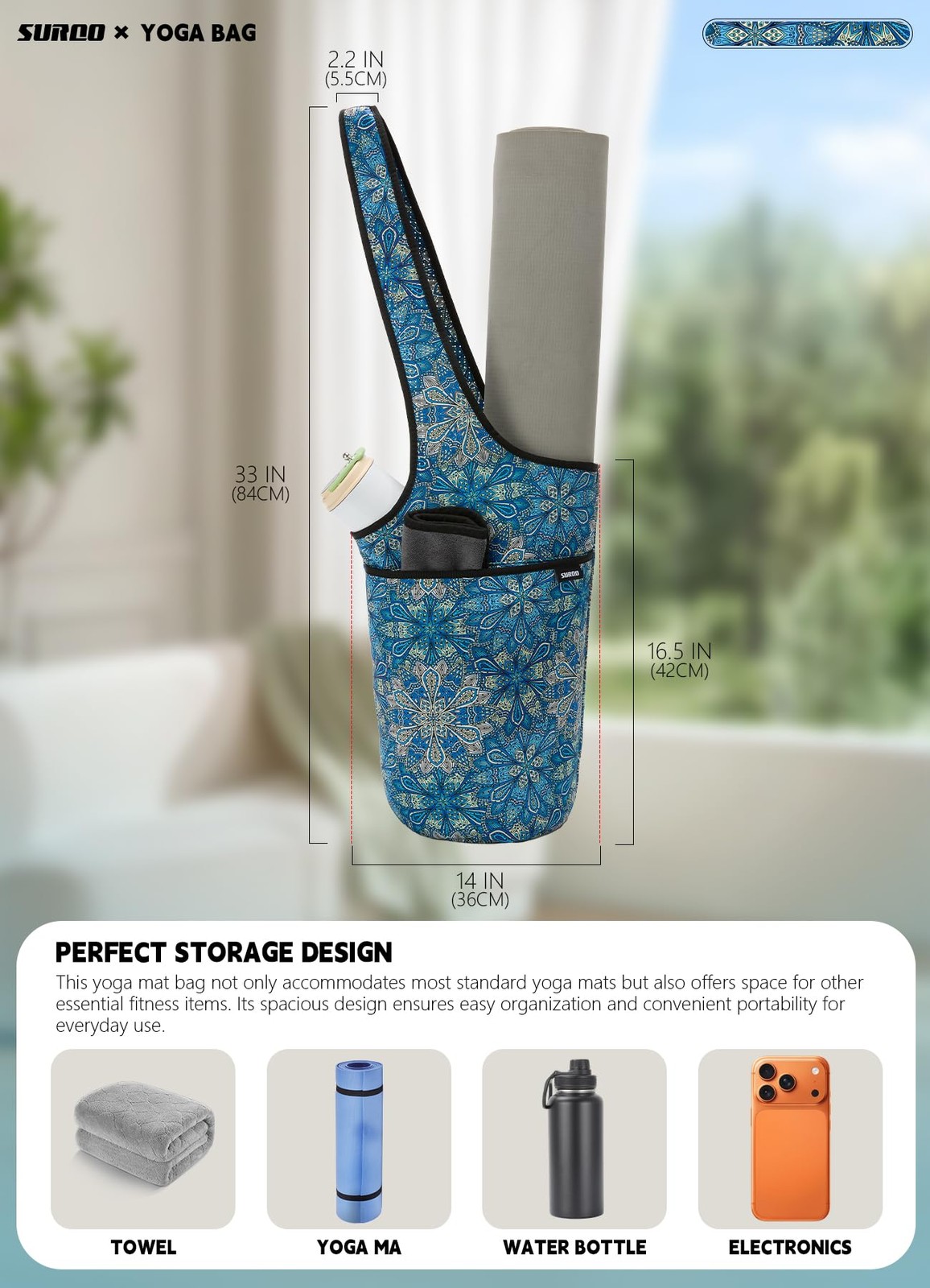 Neoprene Yoga Mat Bag Lightweight Spacious Carrier Large Zipper Pocket Gym