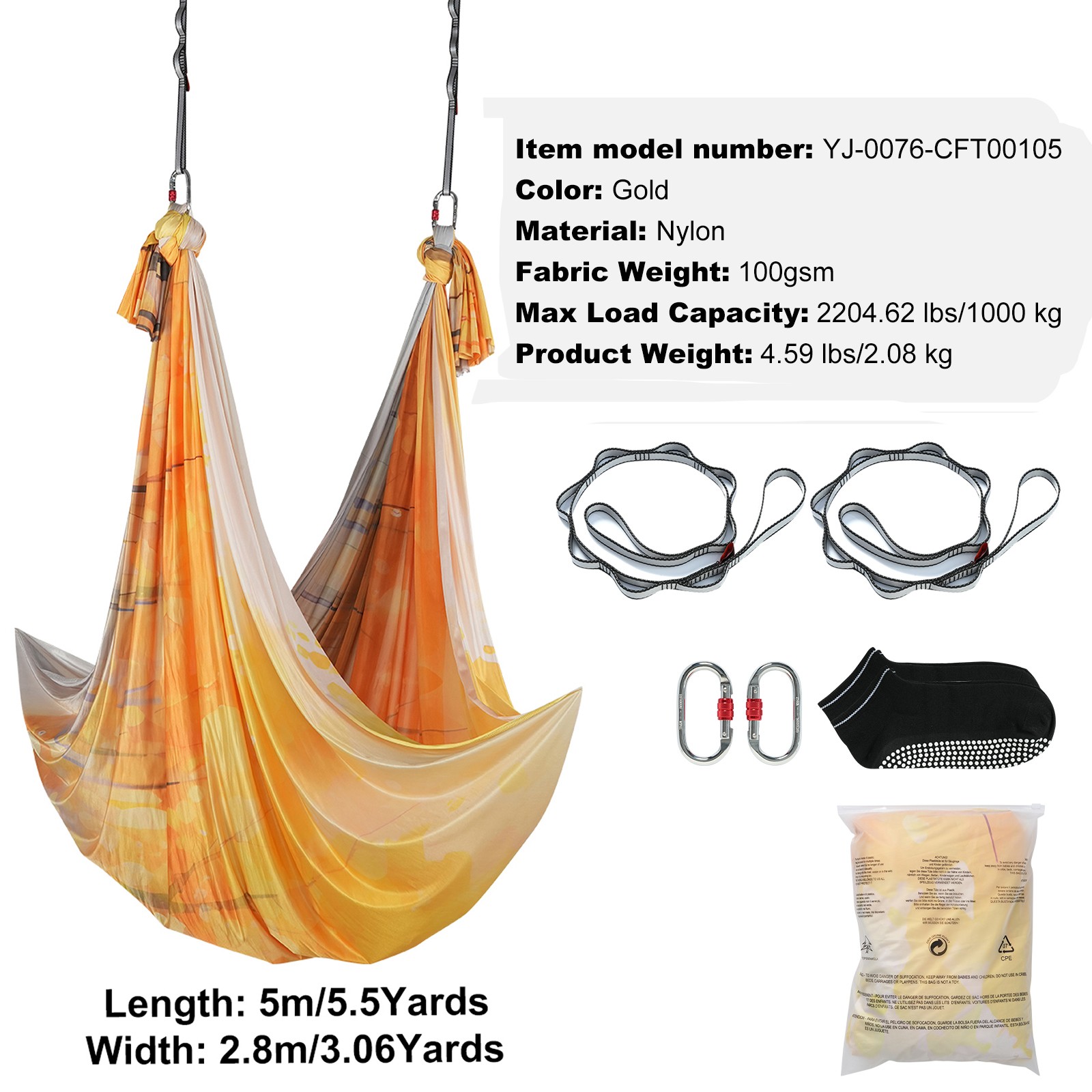 Uimoso Aerial Yoga Hammock 5.5 Yards Nylon Sling for Inversion Exercises, Gold