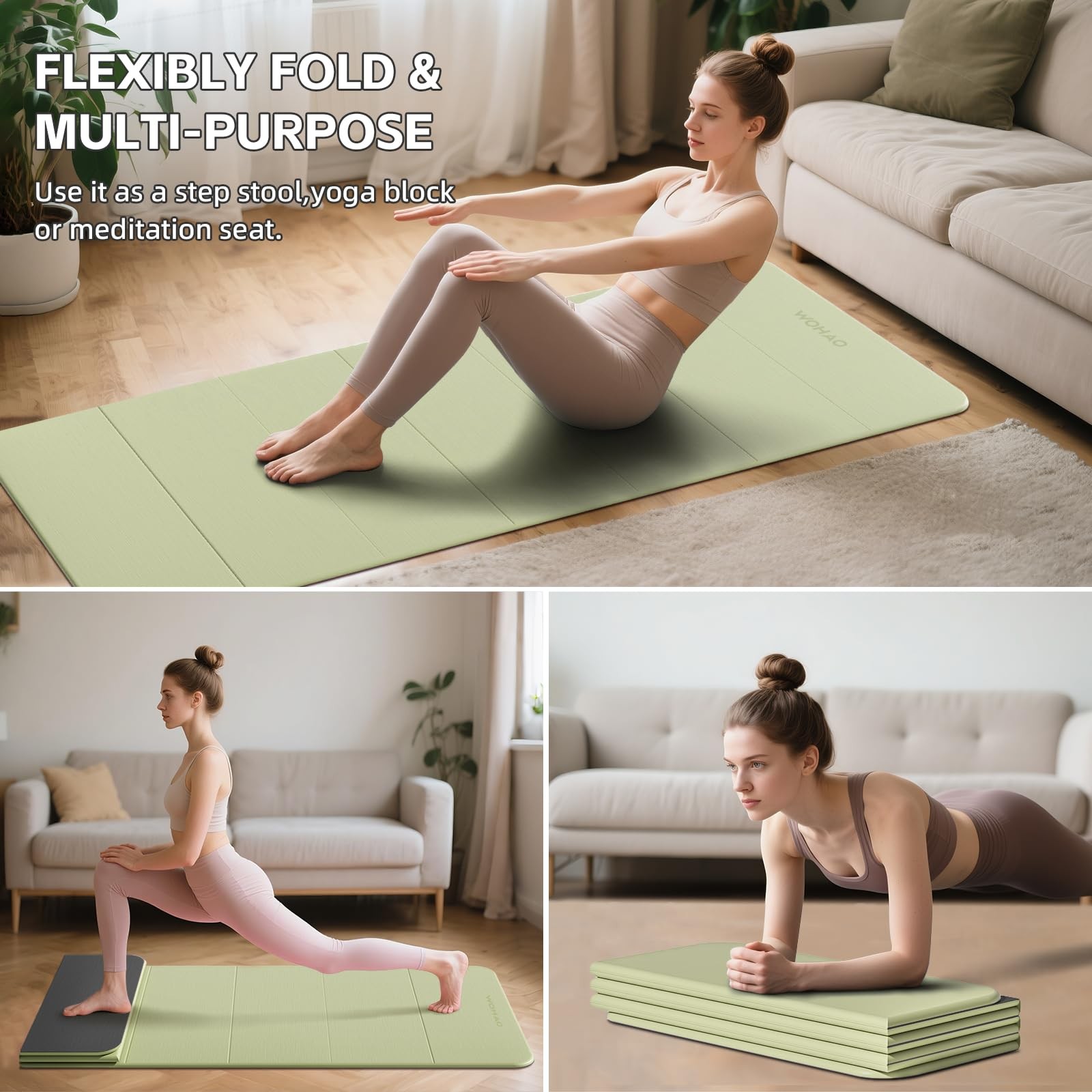 Foldable Yoga Mat 70&Prime;x24&Prime; – Thickened TPE Non-Slip Grass Green + Black
