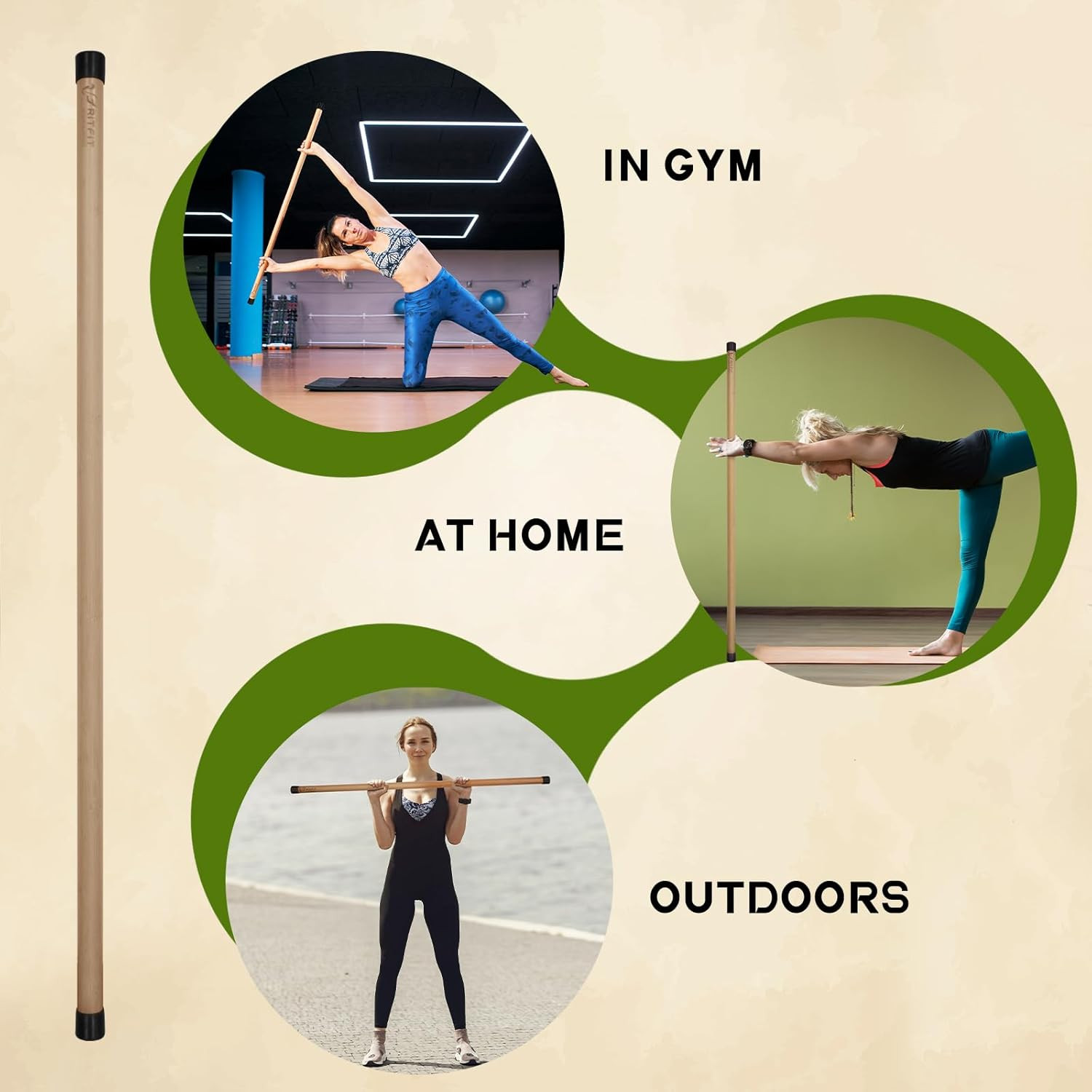 5Ft Natural Bamboo Yoga Stick, Exercise Stick, Stretching Stick, Versatile Tool
