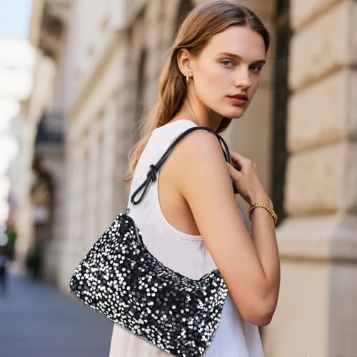 Sparkling Sequins Handbags for Women, Plush Shoulder Bag with Smooth Silver