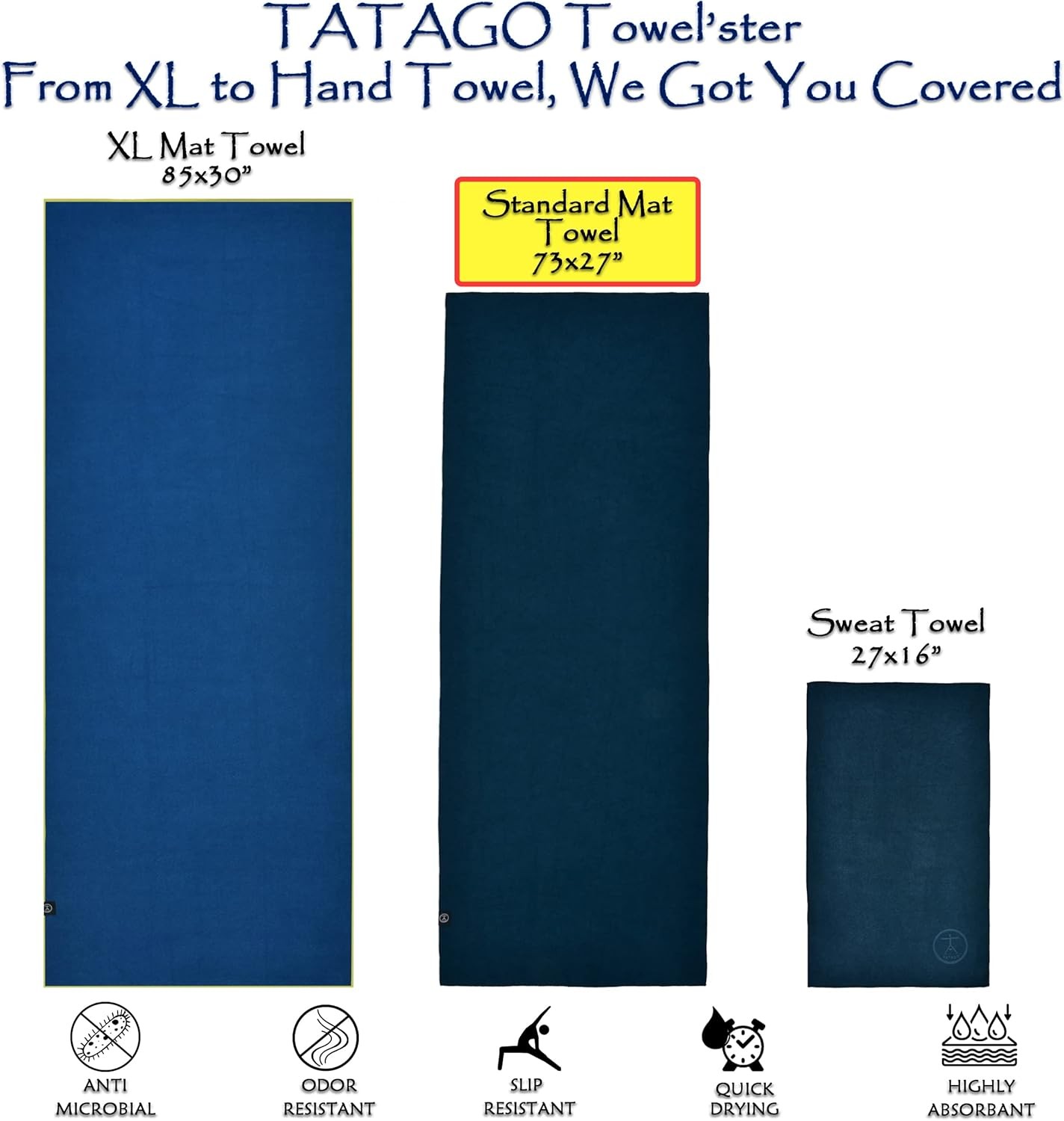 Tatago Hot Yoga Towel Non Slip Grip in Standard – 72", Oceanic- 72"
