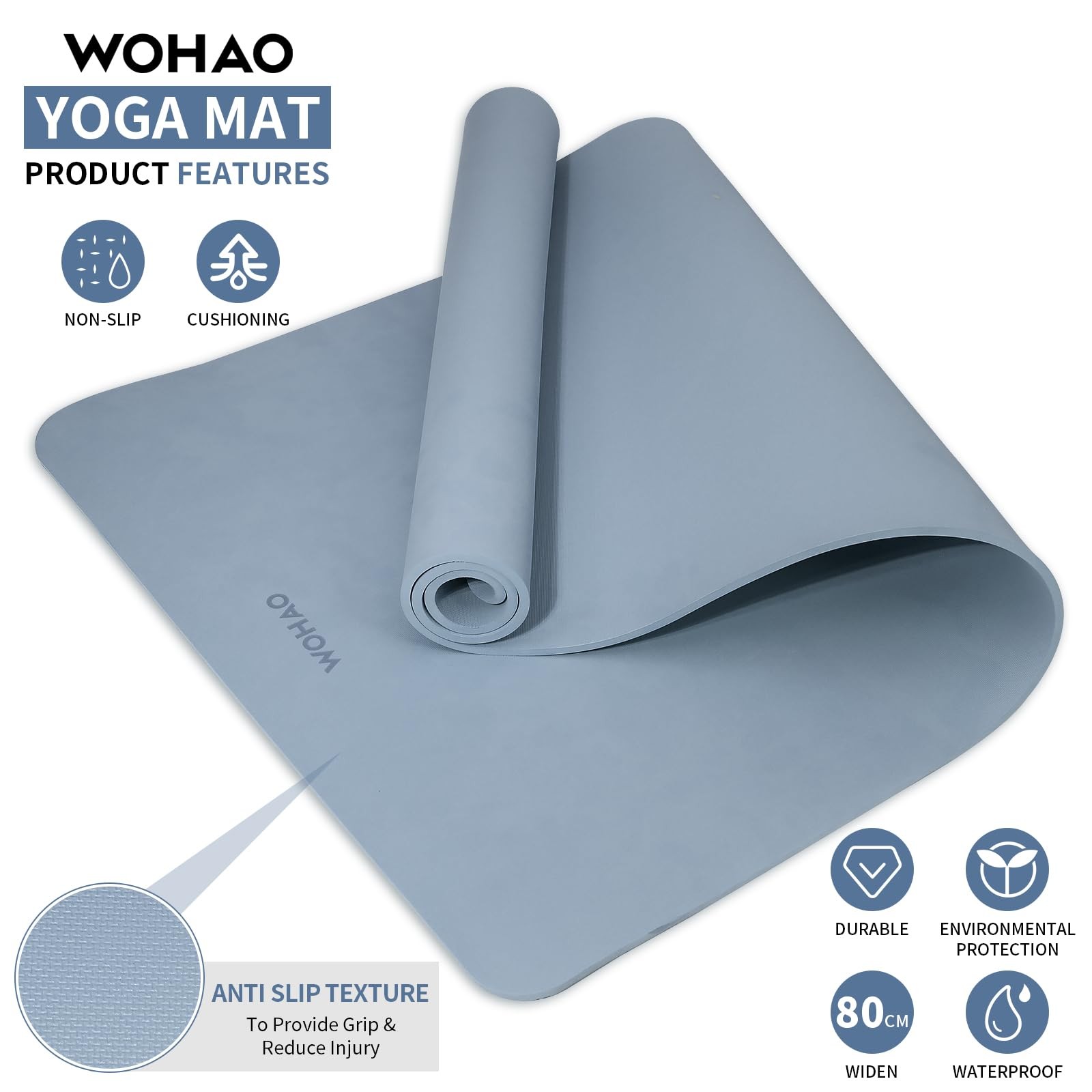WOHAO 8mm Thick Non-Slip Yoga Mat – Large 72 inches x 32 inches, Haze Blue