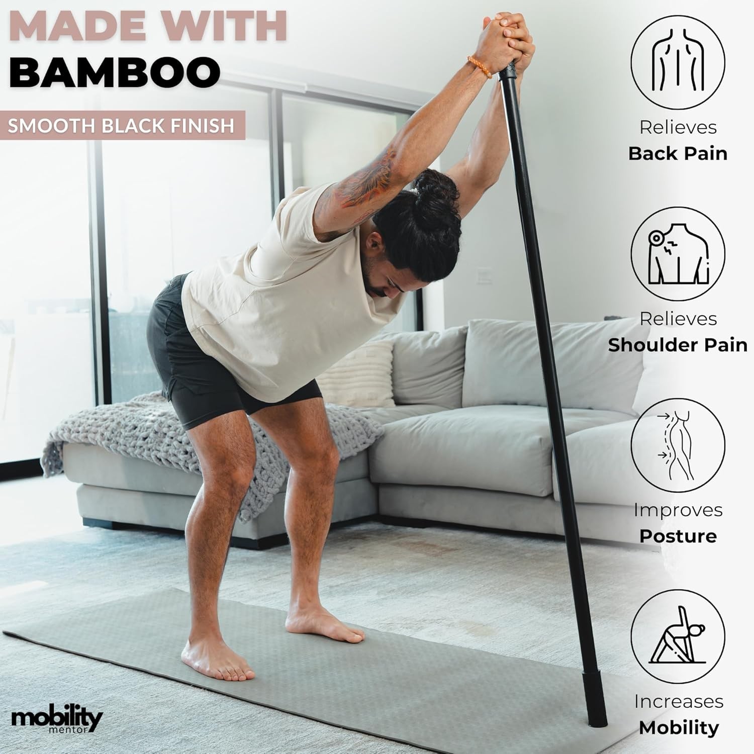 5ft Bamboo Stretching Stick with Non-Slip Handles – Enhance Balance & Posture