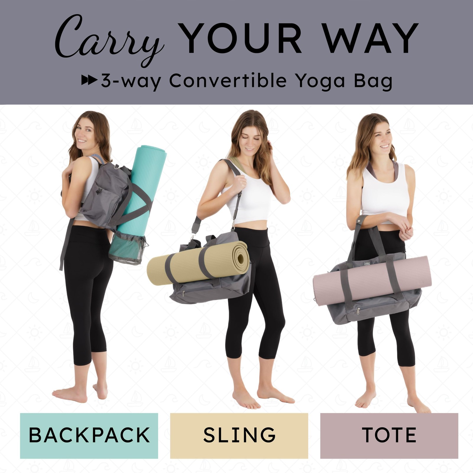 Yoga Mat Bag with Convertible Backpack Straps, Multiple Pockets, and Secure Z…