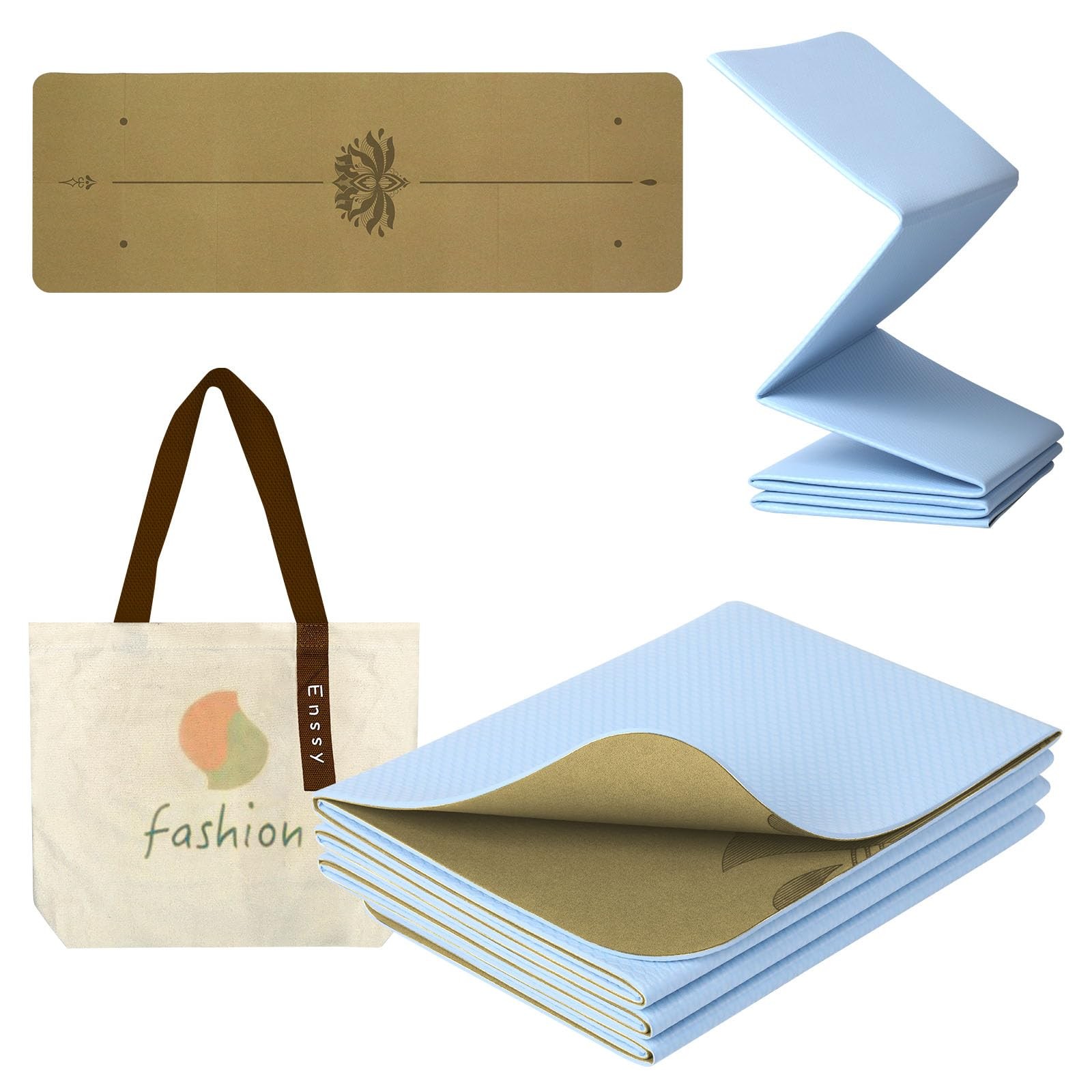 Travel Yoga Mat, Foldable, Small, 173 x 61 x 0.4 cm, with Carry Bag, Lightweight, F…